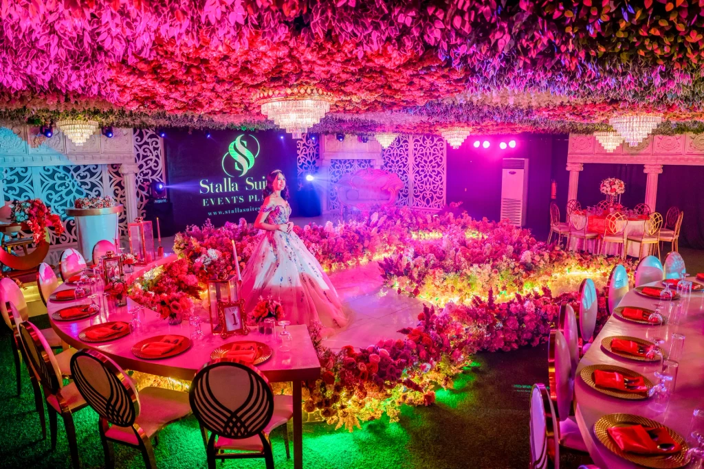 Debut reception in vivid pink under the forest canopy at Pandora Hall