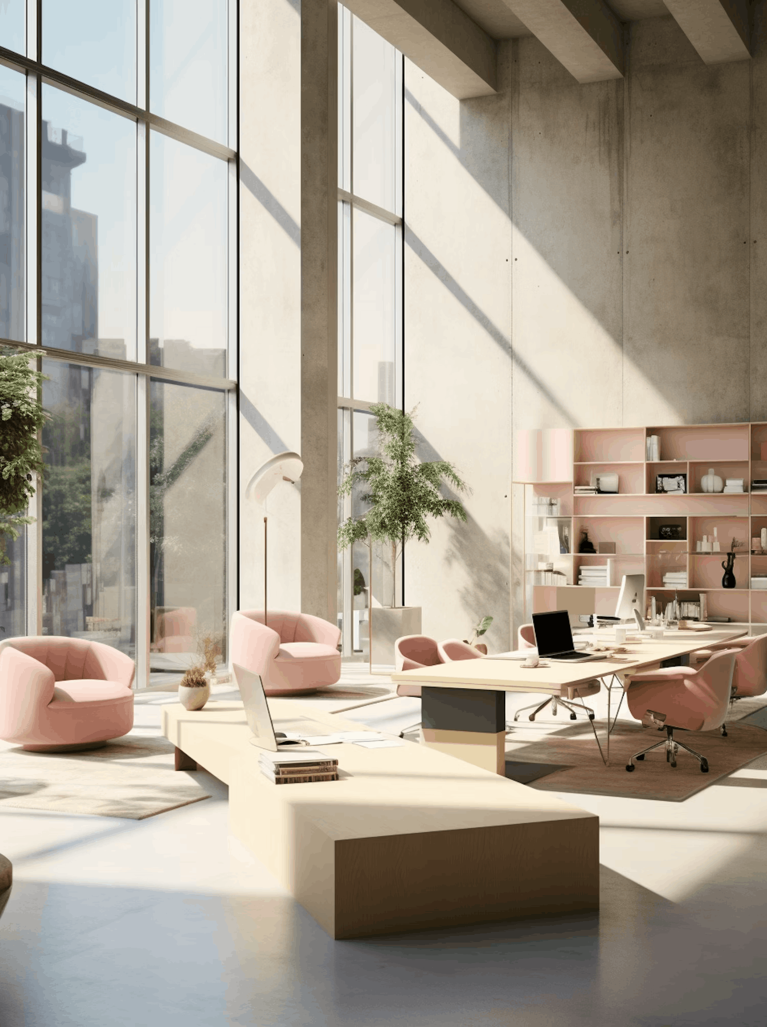 Bright modern office interior with large windows and plants.