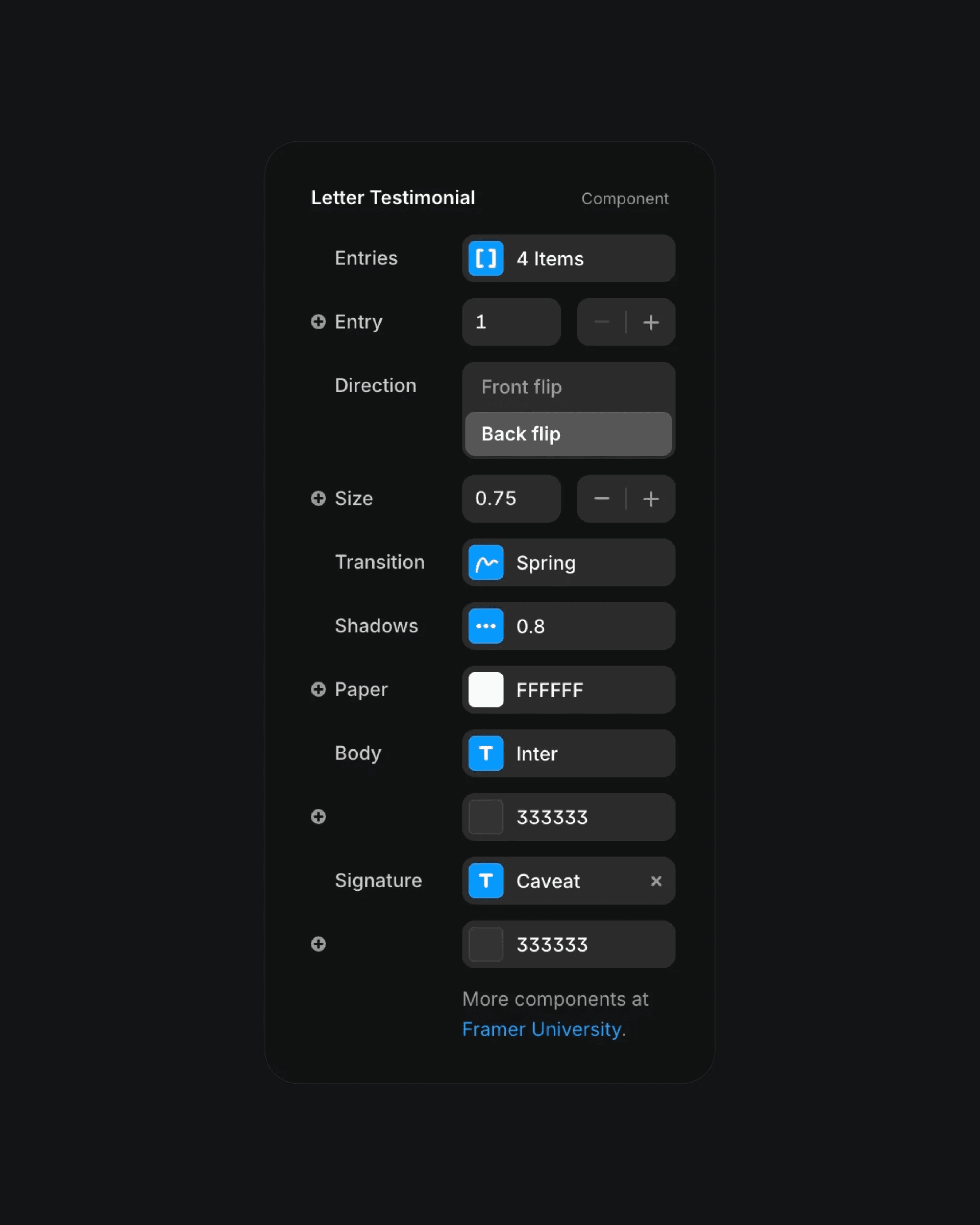 Framer Letter Testimonial component settings panel