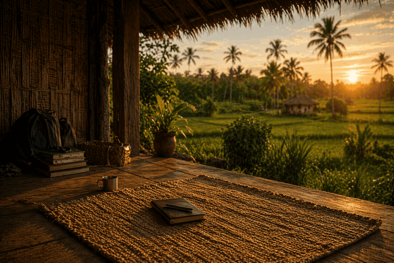 Woven straw mat with journal on a wooden veranda overlooking a tropical landscape at sunset