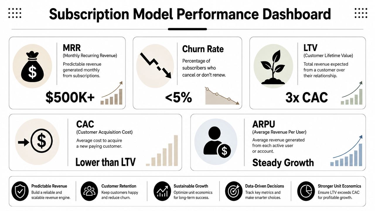 A dashboard infographic illustrating key subscription model metrics like MRR, Churn Rate, LTV, CAC, and ARPU.