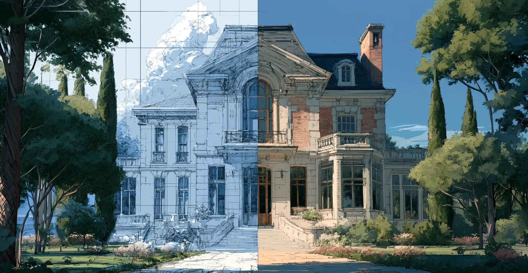a blueprint becoming a building