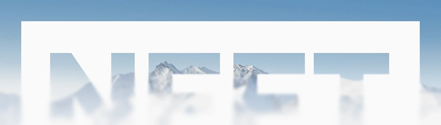 The NEFT logo overlaid on white peak mountains.