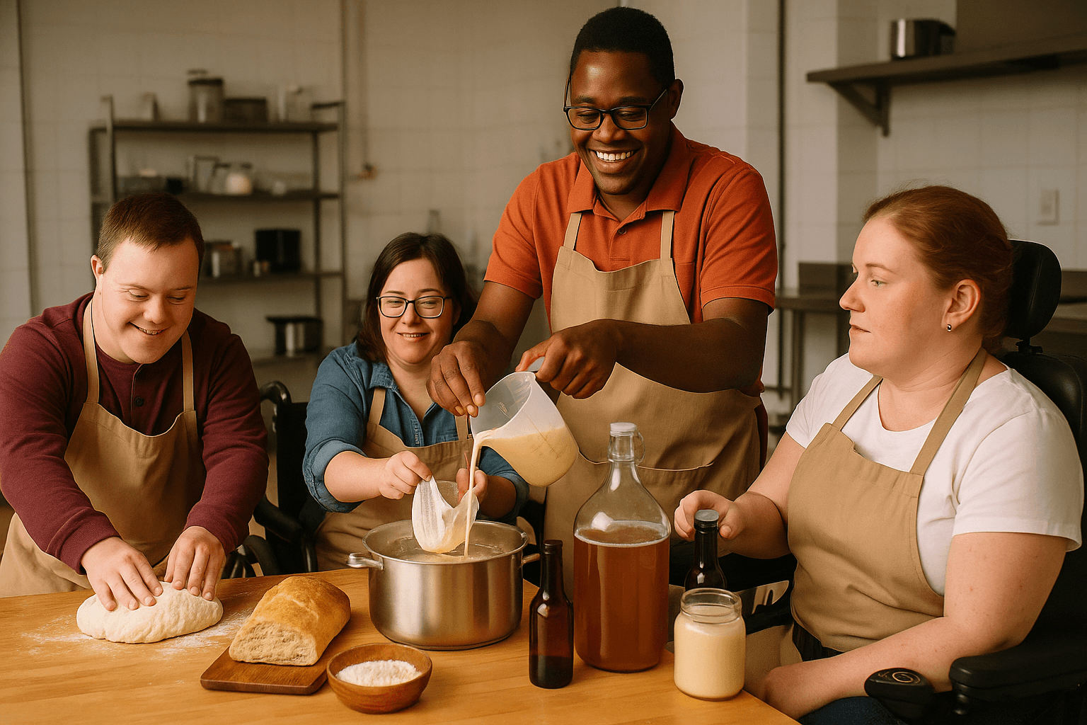Vier Menschen mit unterschiedlichen Behinderungen nehmen in einer barrierefreien Küche gemeinsam an einem Kurs teil. Eine Person knetet Teig, zwei andere arbeiten zusammen an einem Topf mit Käsemasse, und eine weitere Person im Rollstuhl hält eine Bierflasche. Alle tragen Schürzen und wirken konzentriert und fröhlich bei der Zubereitung von Brot, Käse und Bier. Die Szene zeigt Zusammenarbeit, Teilhabe und Freude am Selbermachen.