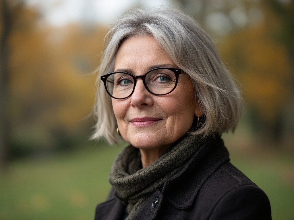 A portrait of a mature woman with gray hair and glasses, standing in a park. She is wearing a dark coat and a scarf.