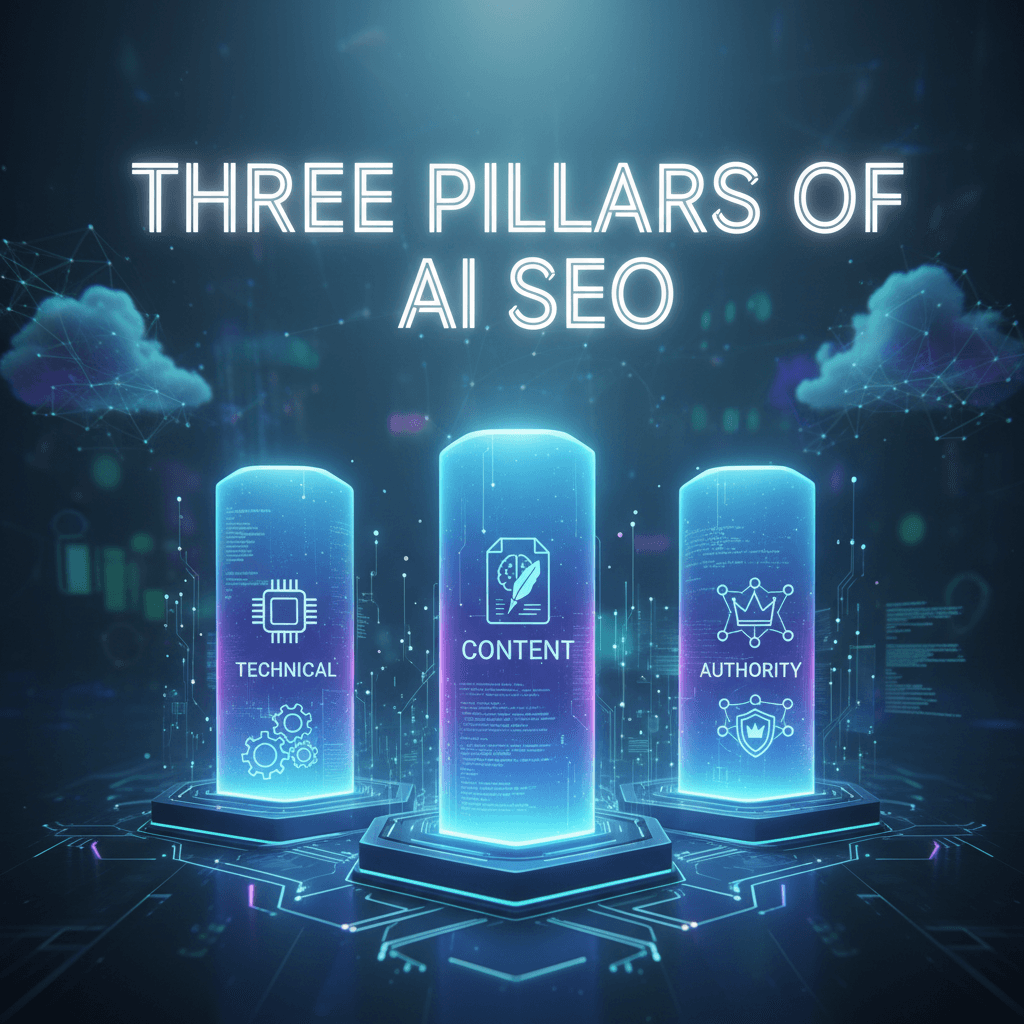 Three pillars of AI search engine optimization showing content, technical, and authority optimization strategies