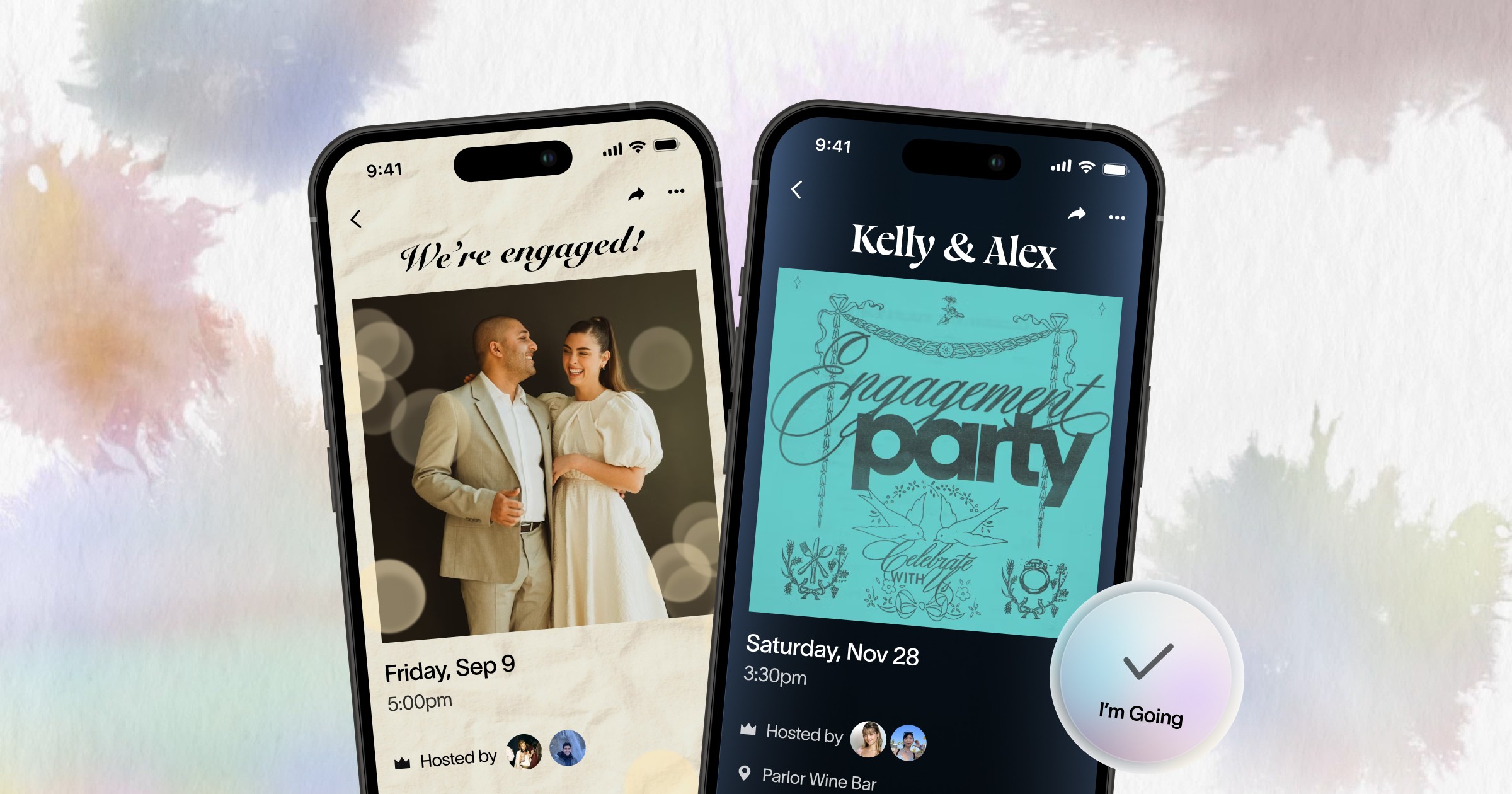 two phones displaying elegant and modern engagement party digital invitations with RSVP tracking