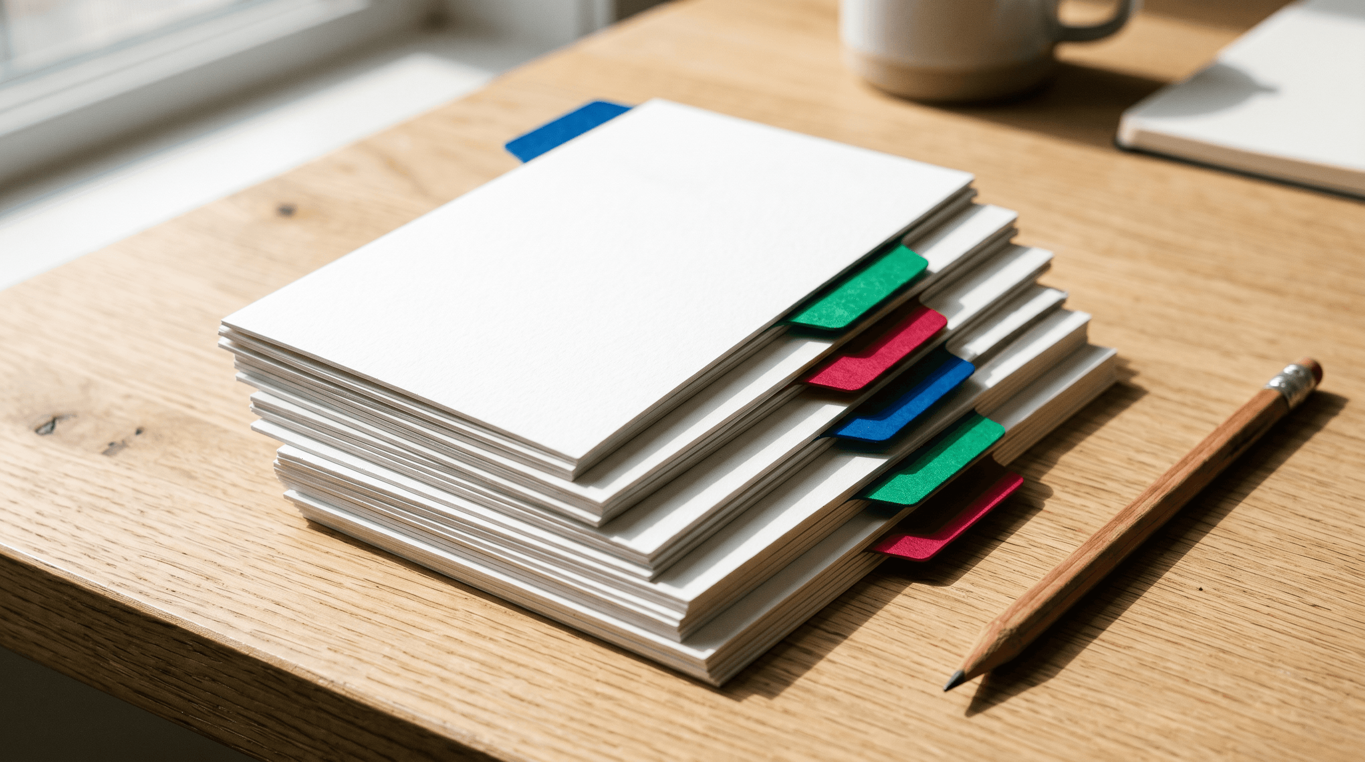 Bilingual glossary index cards with colored tabs and blank term boxes