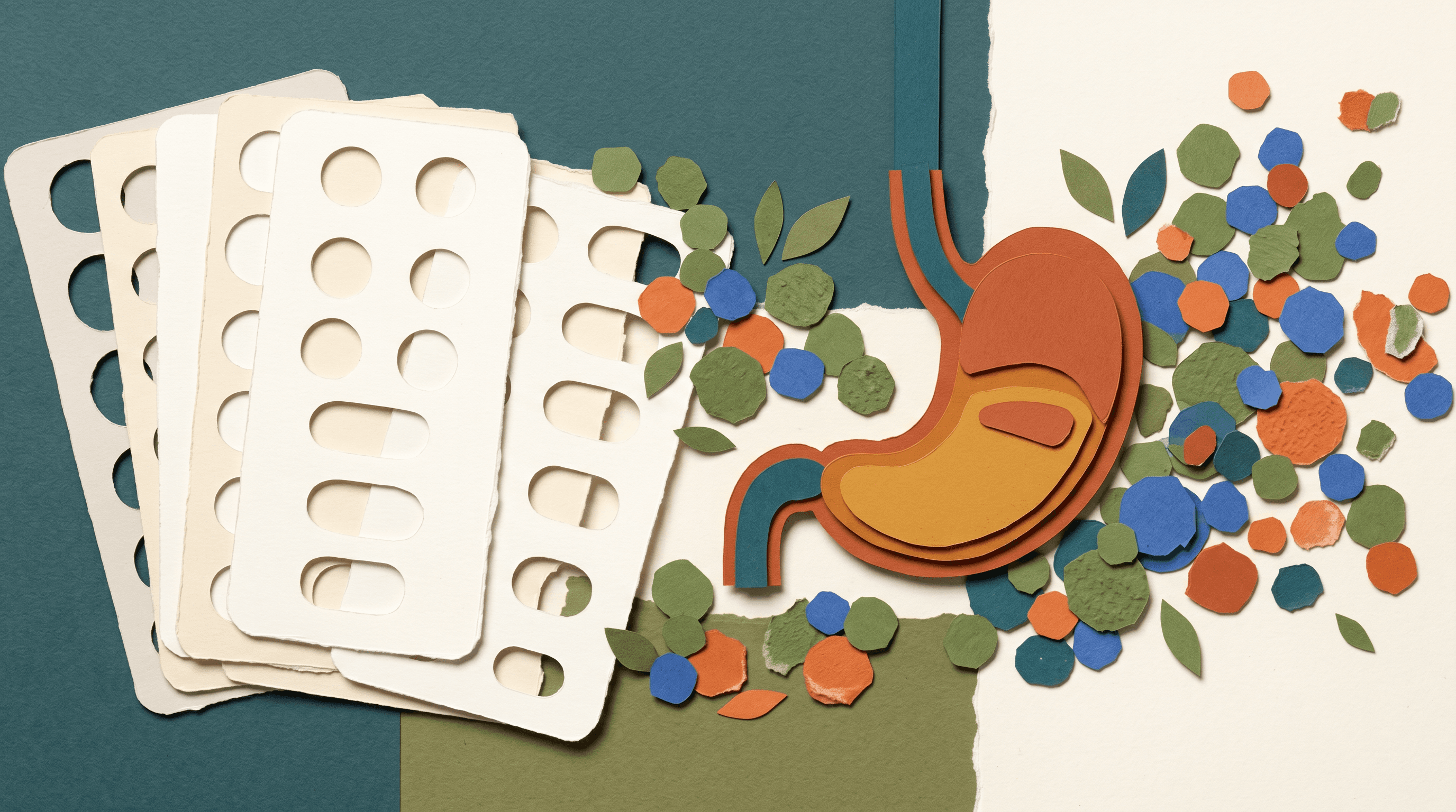 Blank medication cards near stomach and clotting models
