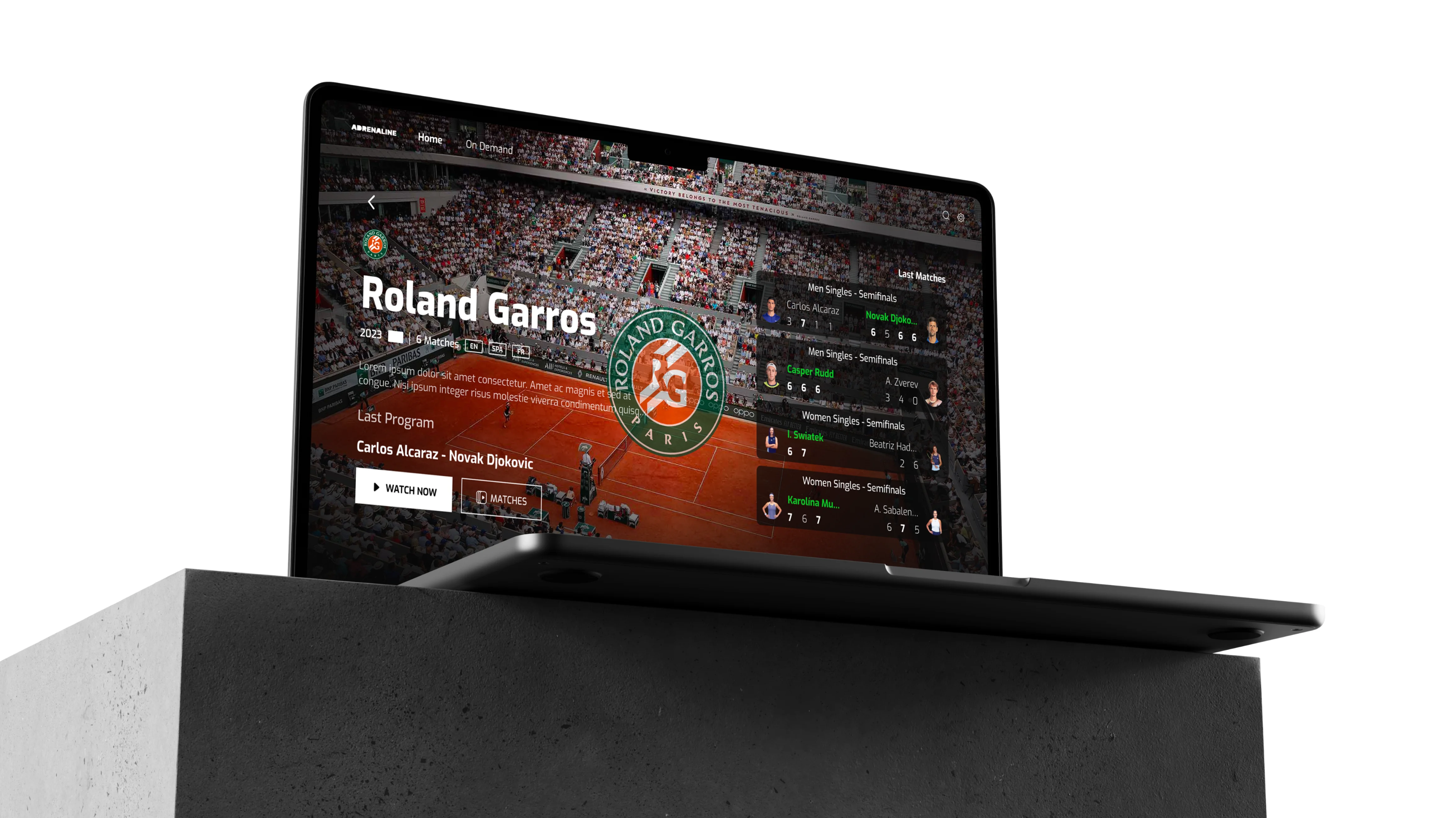 A laptop displaying the Roland Garros competition, showcasing the latest updates and information.