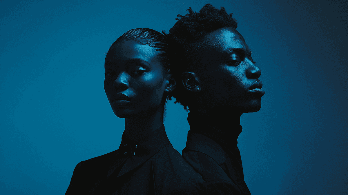 two models head touching each other