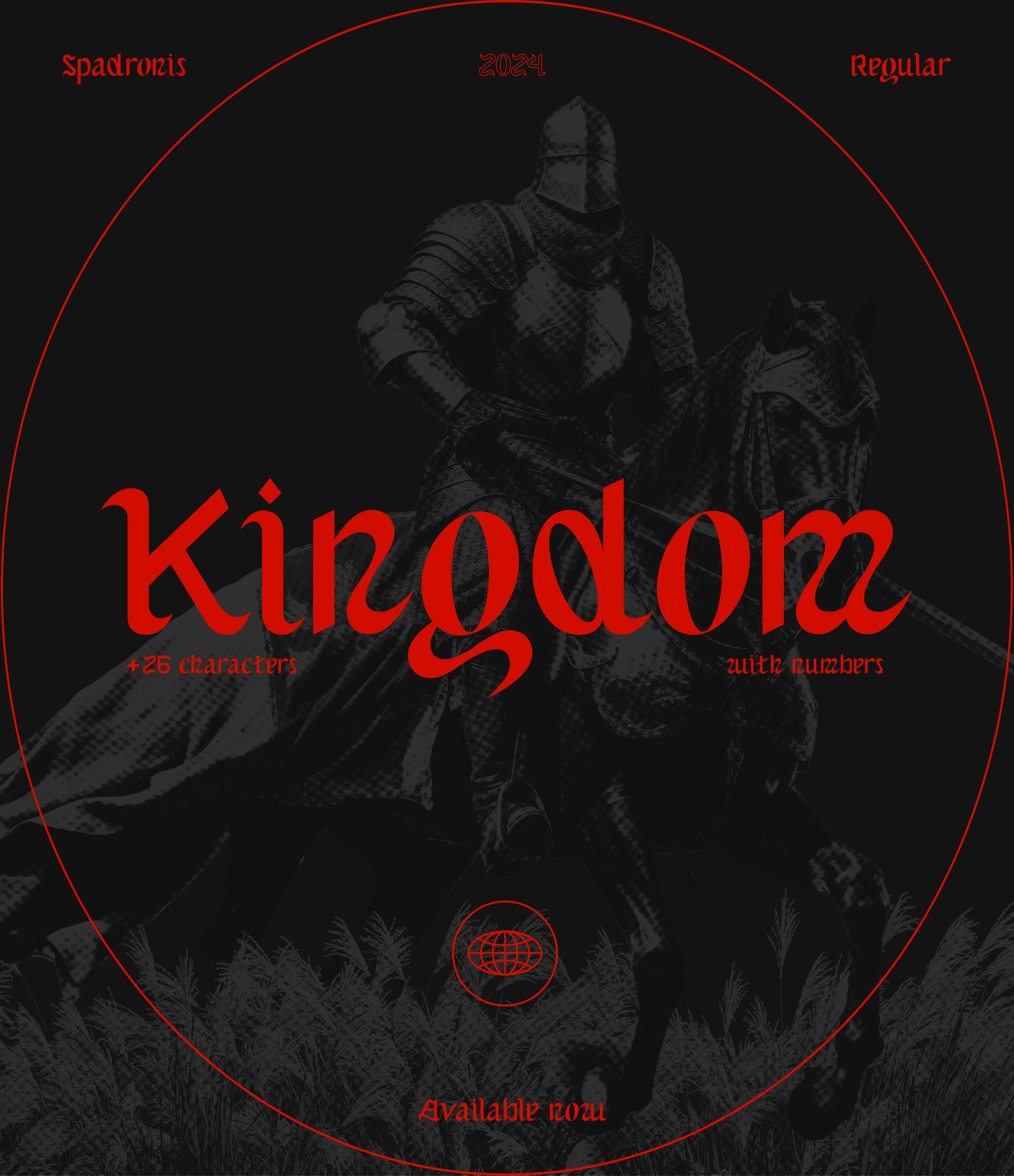 Le mot « Kingdom », en grandes lettres rouges de style gothique, apparaît au centre d’une illustration sombre représentant un chevalier à cheval. Un cercle rouge encadre la composition, avec des mentions en anglais autour : « Spadronis », « Regular », « +26 characters », « little numbers » et « Available now ».