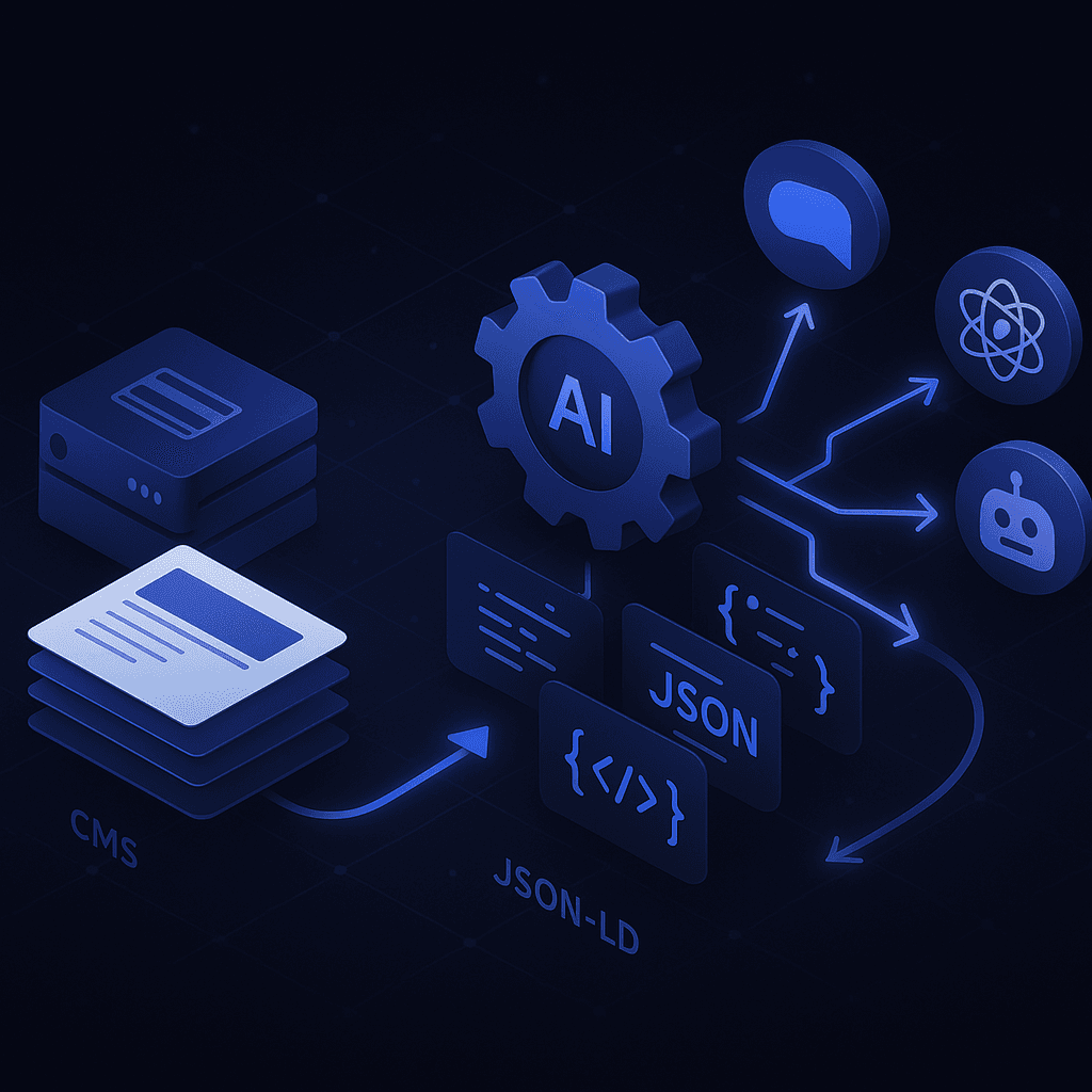 CMS outputs structured schema that AI search agents ingest for answer citation
