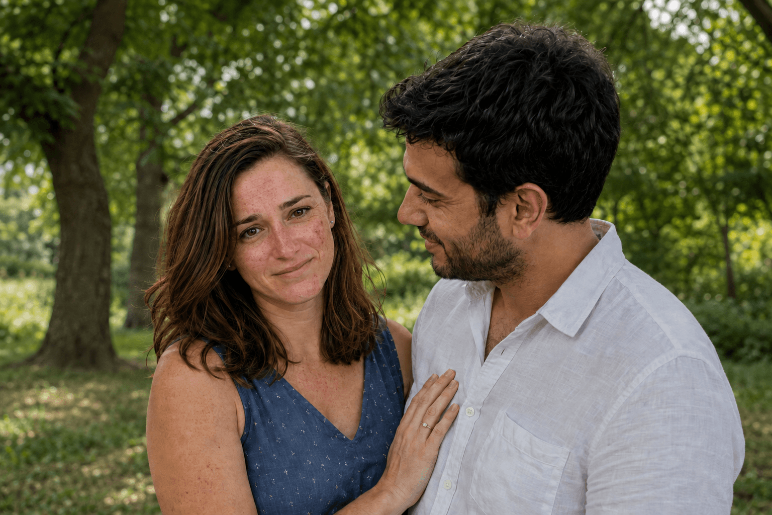 The couple together outdoors in a dramatized engagement photograph, with facial acne and her ring visible
