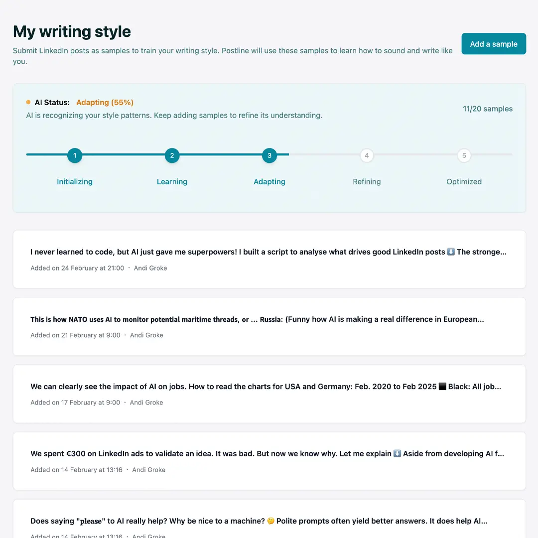 Screenshot showing how to add writing samples to train Postline to write like you