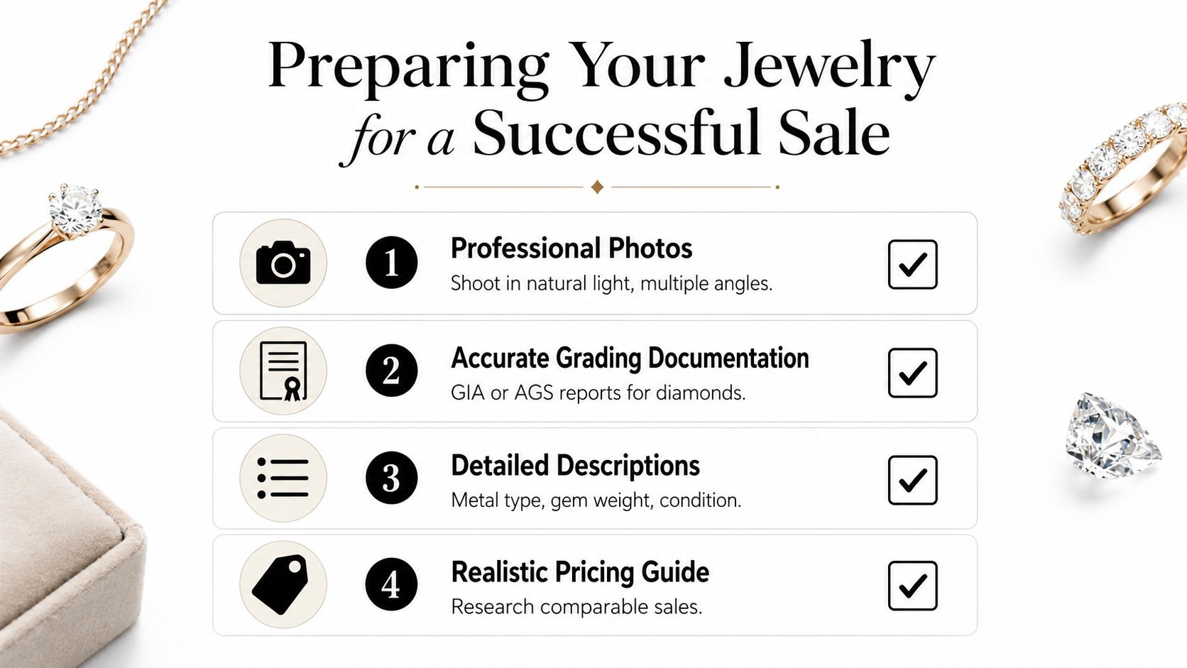 A helpful infographic guide outlining four essential steps for preparing jewelry for a successful sale online.