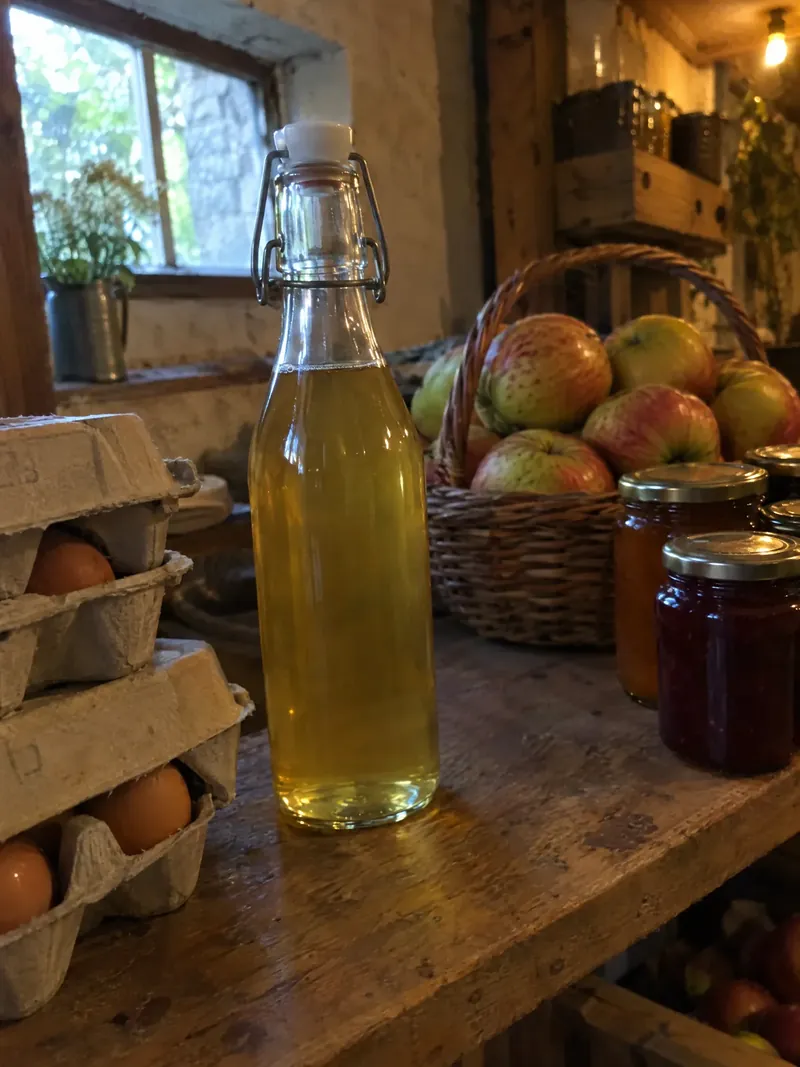 Beispiel-Ausgangsbild, mit KI erstellt: Bügelflasche mit Holunderblütensirup in einem Hofladen-Regal, dämmriges Licht