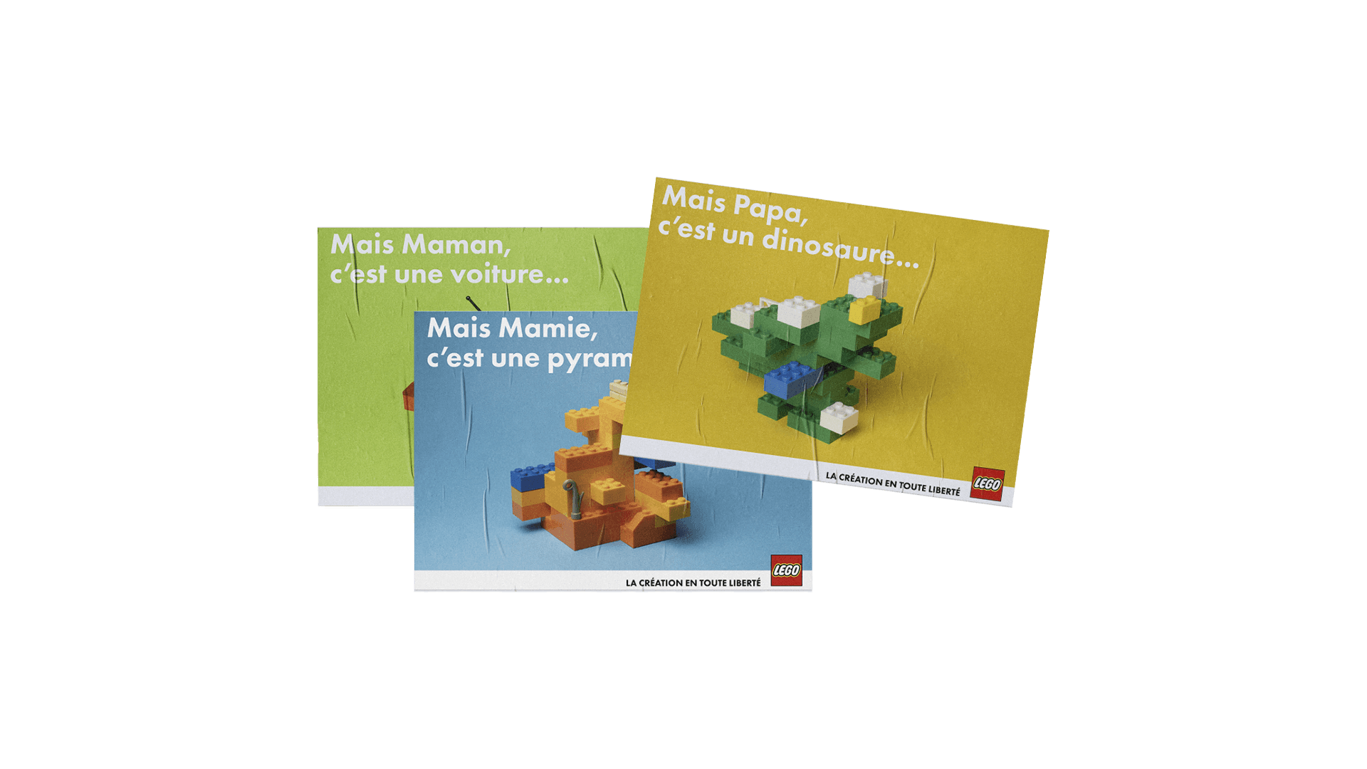 Des affiches LEGO, utilisant des couleurs vives et des constructions créatives. Chaque image présente des jeux de construction ludiques, encourageant l’imagination et la liberté créative, un message clé pour la marque LEGO.