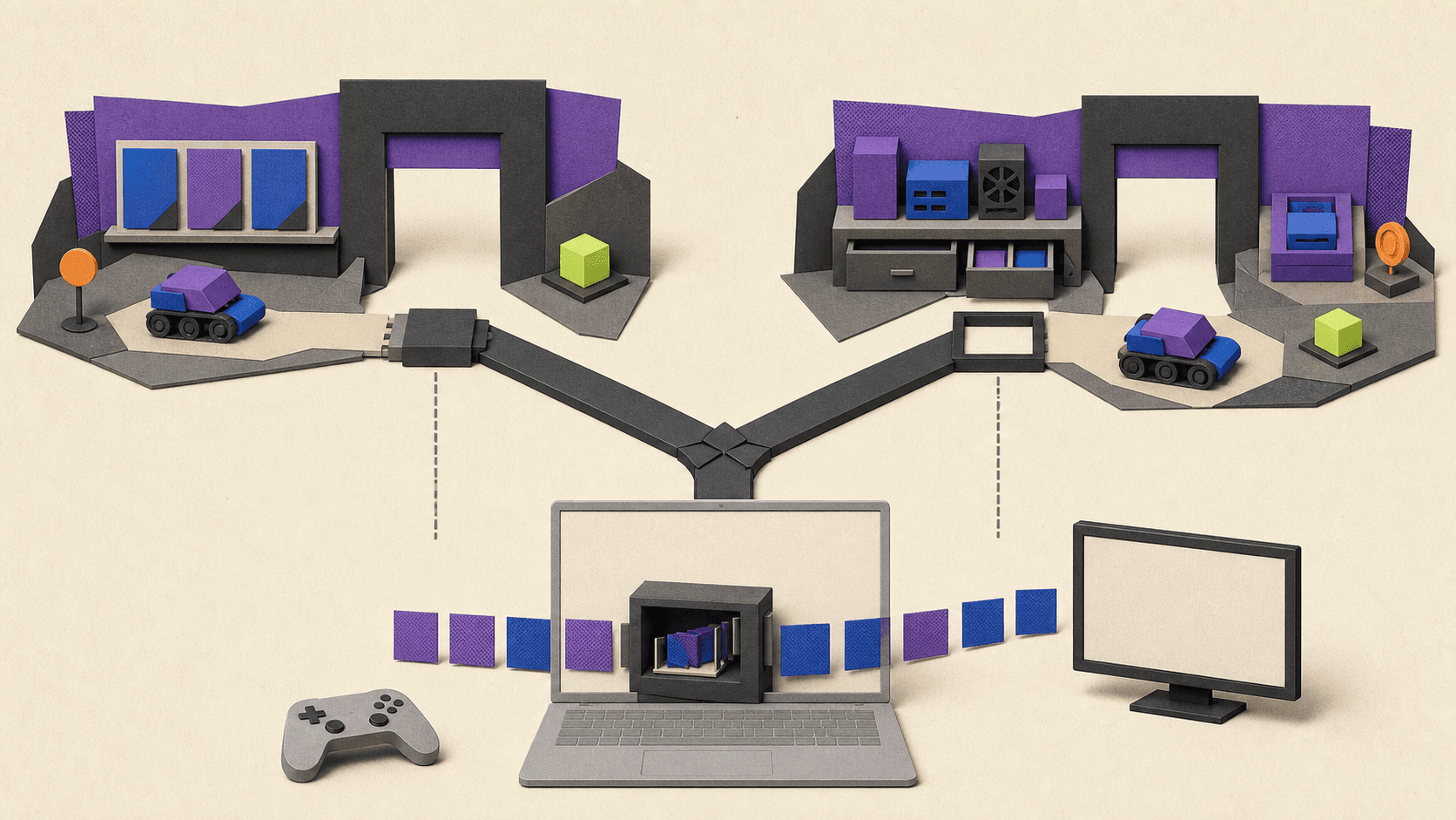 A generic lightweight laptop uses native-client and browser access paths to reach either a managed game catalog or a configurable remote cloud computer.