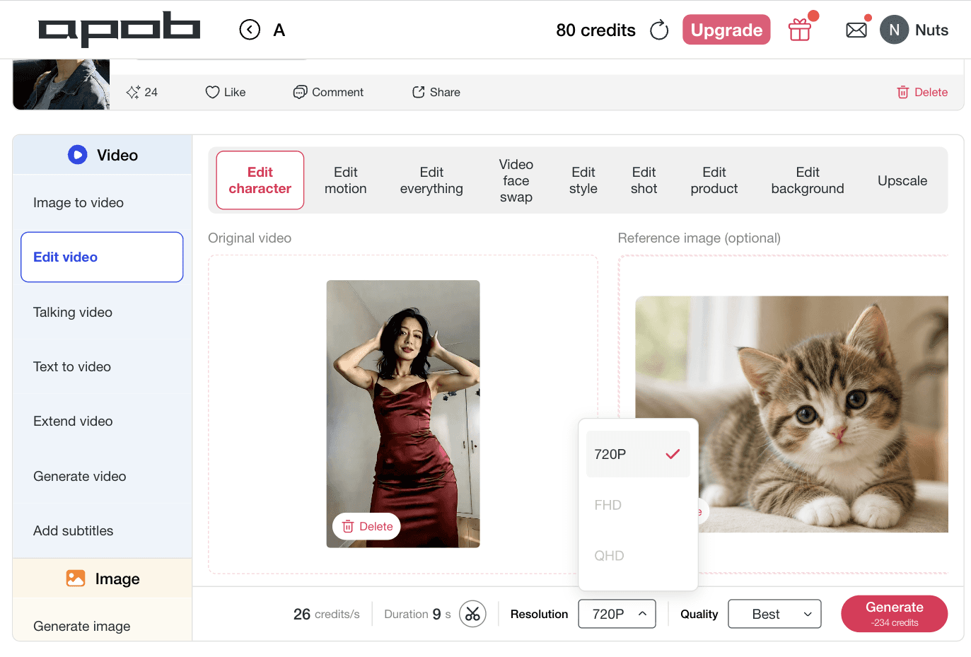 APOB AI resolution selection menu configuring output parameters for a dancing cat AI video loop