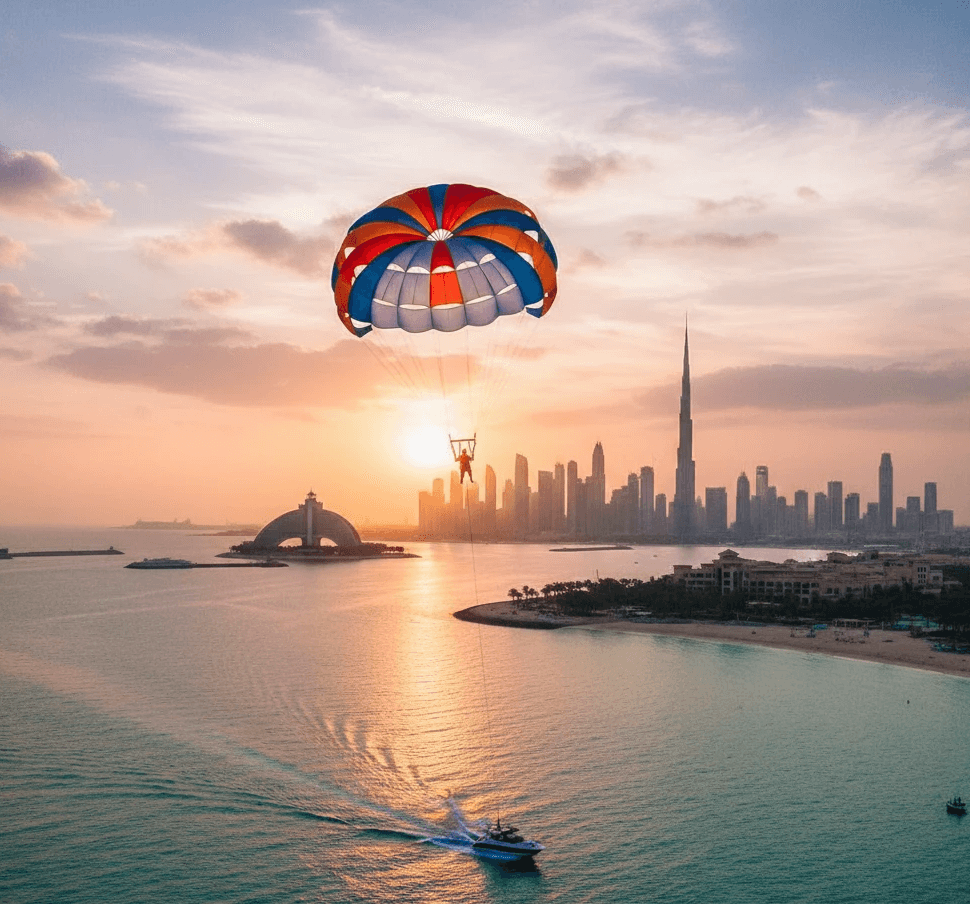 A person parasails over the water while being pulled by a boat, the Dubai skyline in the background.