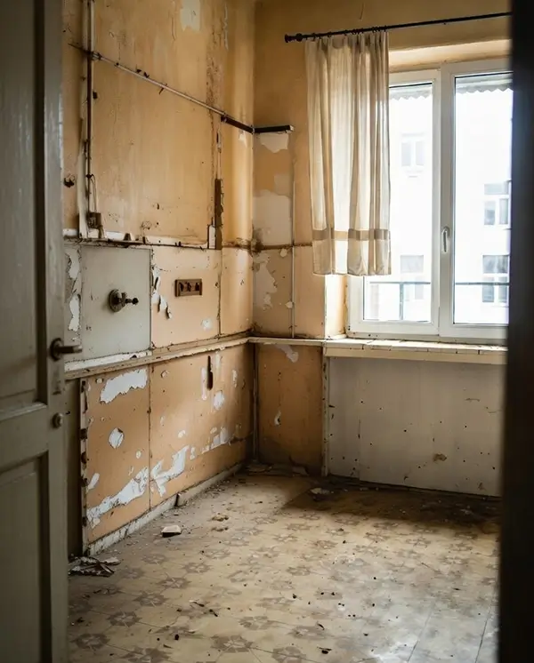 Αποξηλωμένος χώρος κουζίνας πριν την ανακαίνιση, με γυμνούς τοίχους, παλιές εγκαταστάσεις και φυσικό φως από το παράθυρο