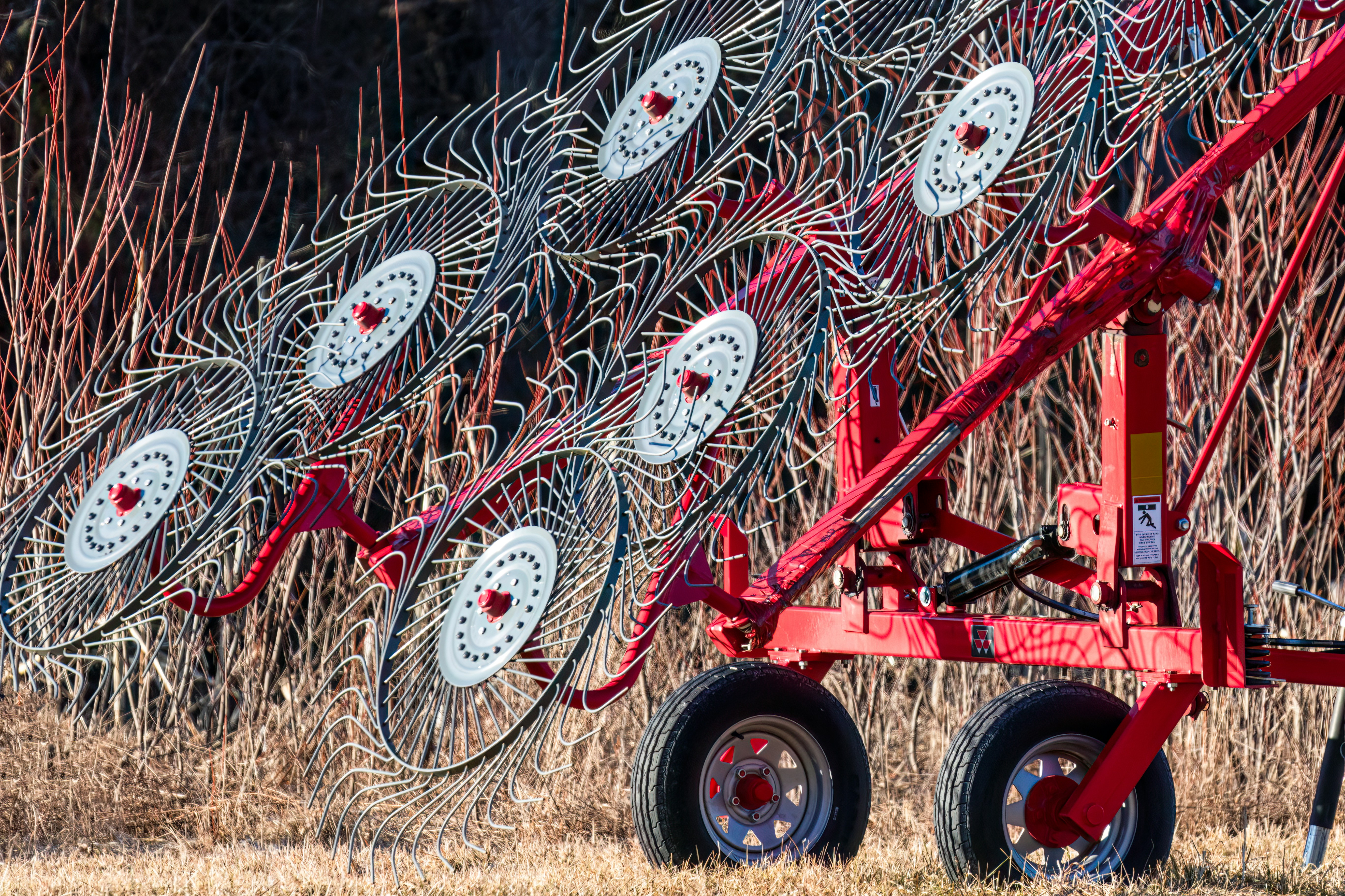 Red tillage implement parked in a field