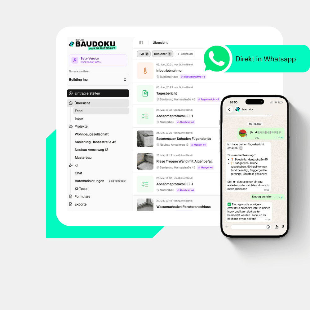 whatsapp eintrag aus der BAUDOKU App