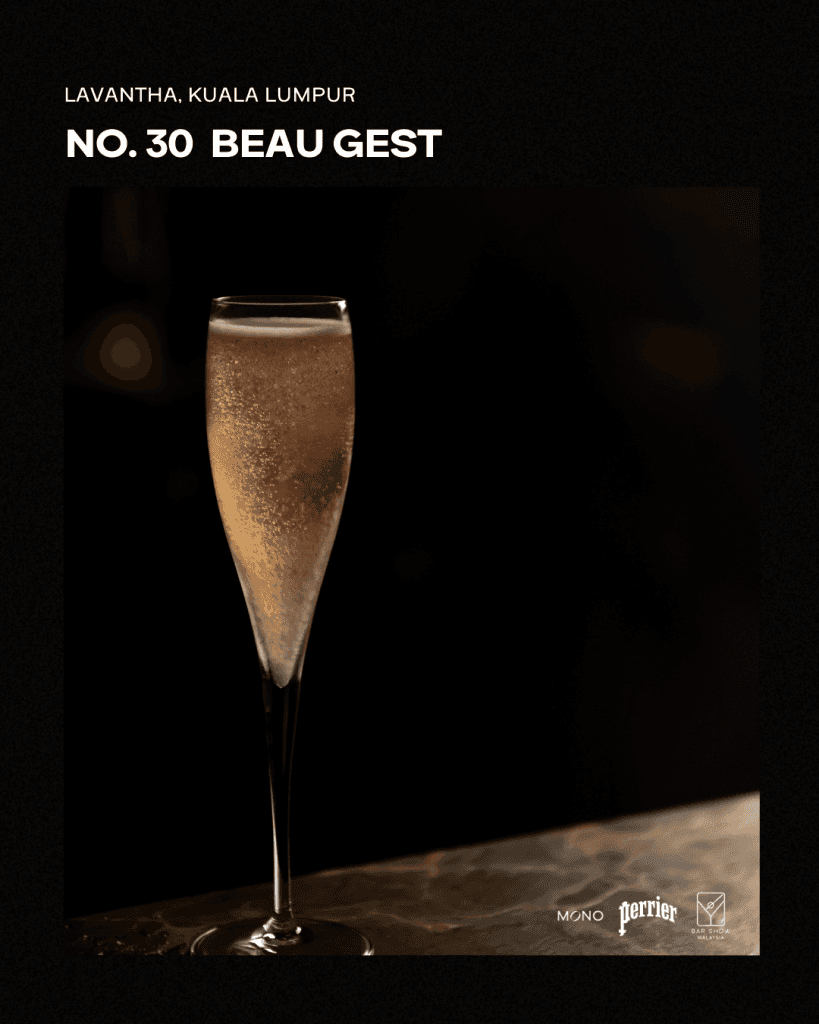 Close-up of a champagne flute with a bubbly cocktail, labeled 'No. 30 Beau Gest, Lavantha, Kuala Lumpur'.