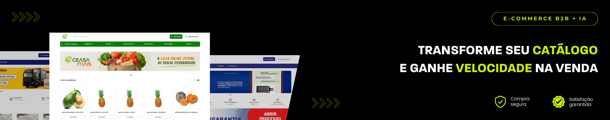 Banner horizontal com fundo escuro, ícones de segurança e satisfação, e imagens de lojas B2B exibidas à esquerda. Elementos gráficos em verde destacam o tema de e-commerce B2B com IA.