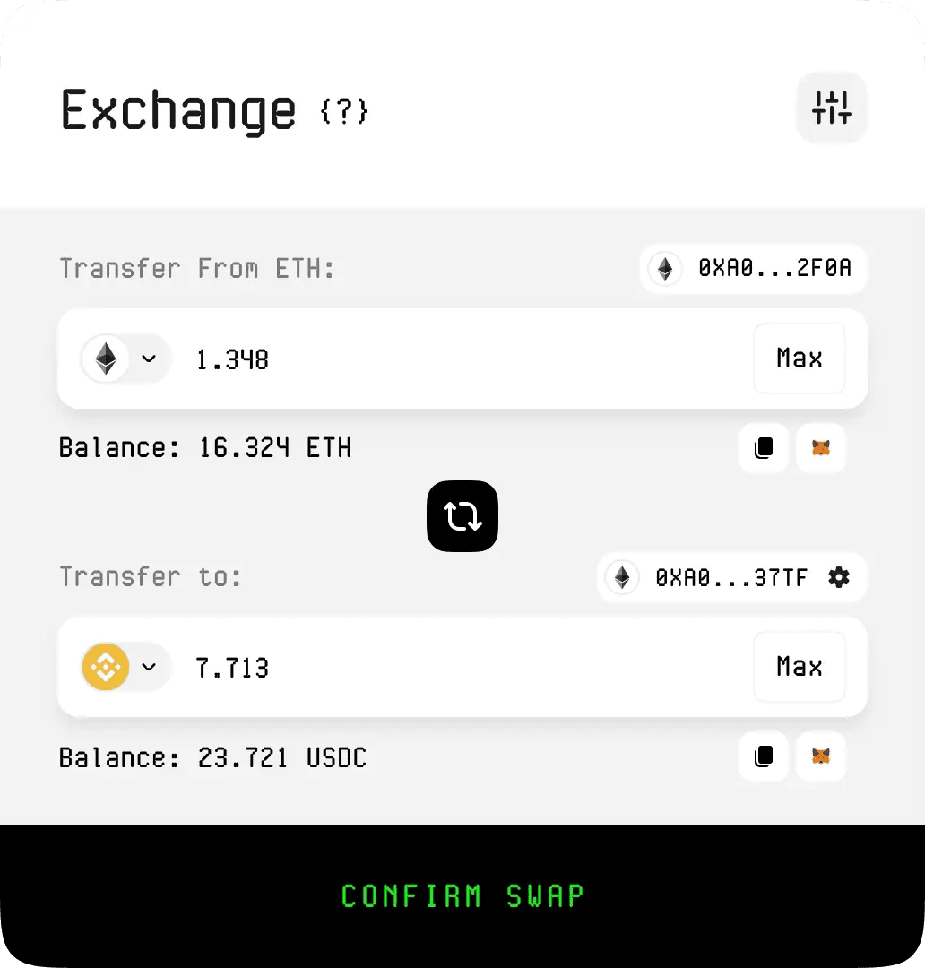 Bridge swap interface showing ETH to USDC exchange with amounts and balance