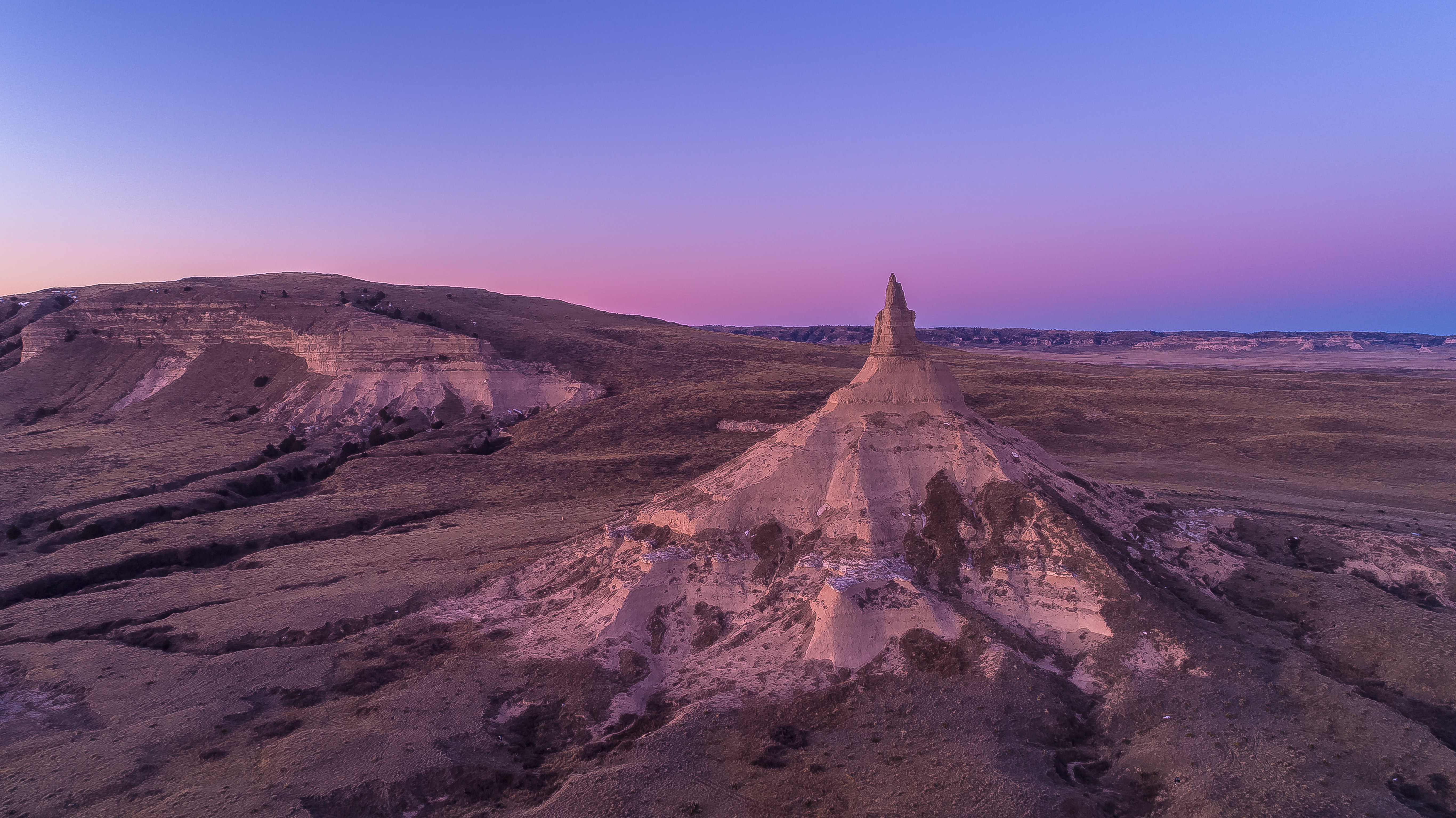 Sunrise and lavender sky in Chimney Rock, Nebraska, USA