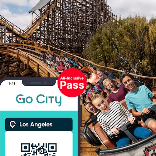 Los Angeles All-Inclusive Pass by Go City displayed on a smartphone with a rollercoaster ride in the background