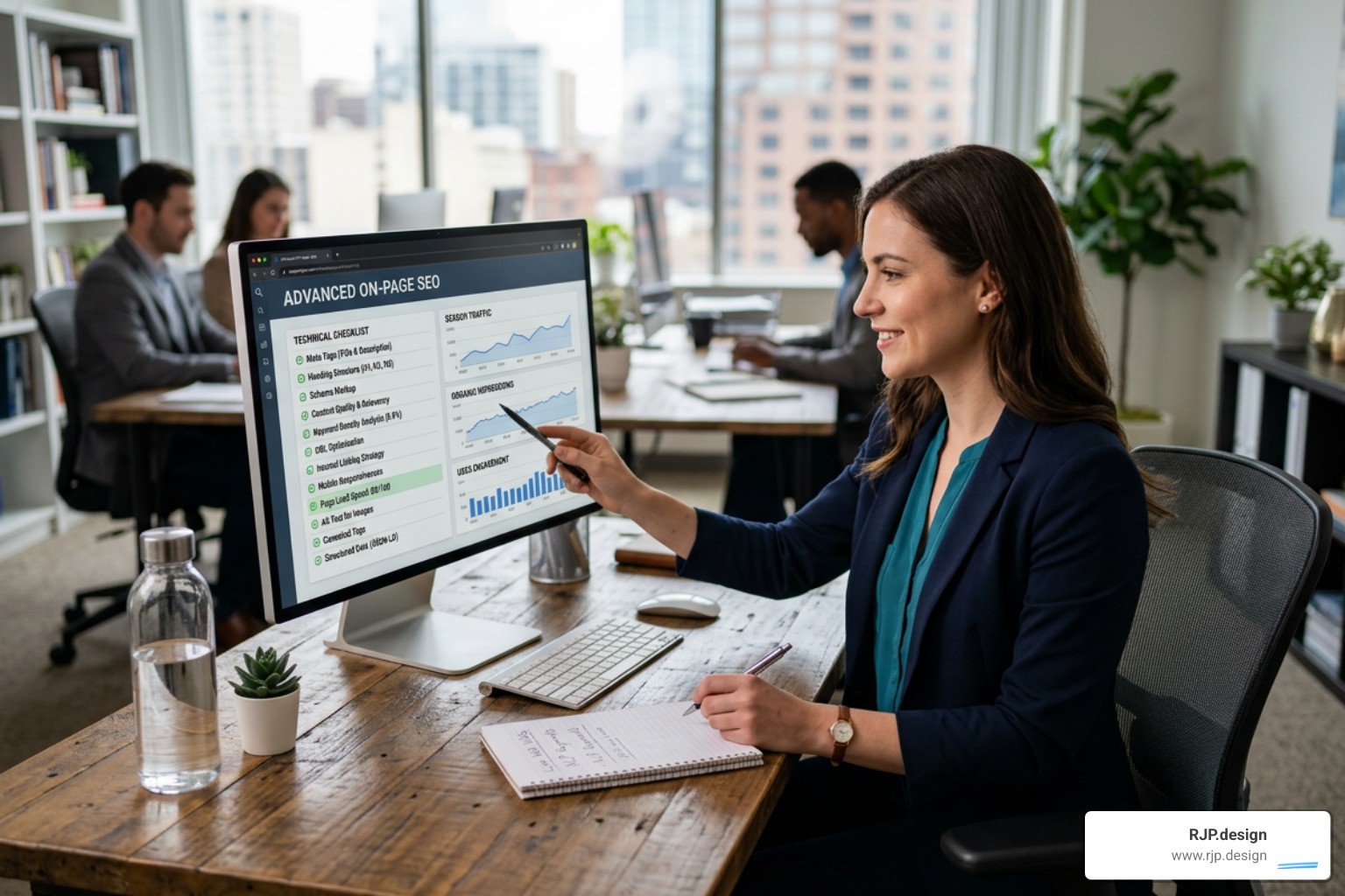 SEO analytics dashboard measuring rankings, Core Web Vitals, and content audit performance