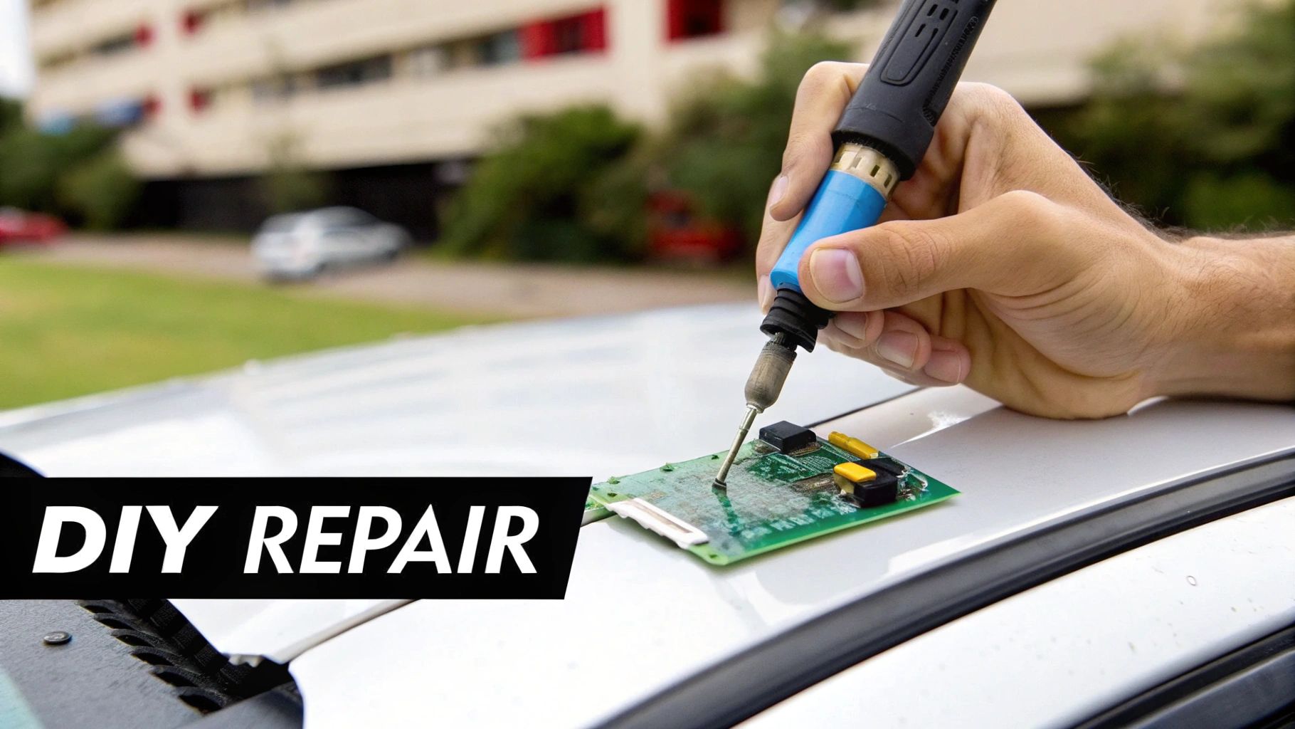 Man repairing a windshield chip with a DIY kit