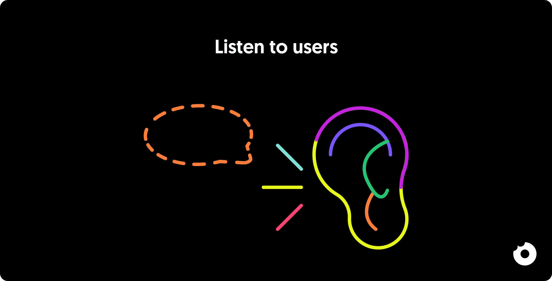 Colorful line-art illustration showing a speech bubble pointing toward a multicolored ear, representing listening to users