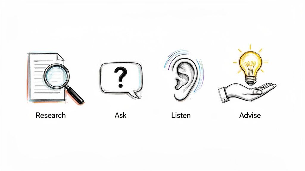Four sketch-style icons illustrating a process: Research, Ask, Listen, Advise. Perfect for consultative selling.