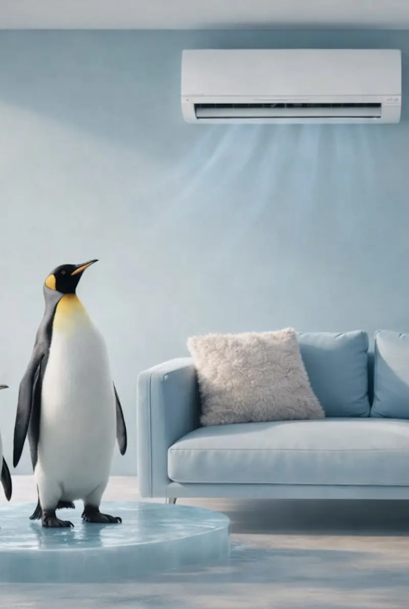 Condizionatore acceso in soggiorno moderno con due pinguini su piattaforma ghiacciata, ambiente fresco e confortevole