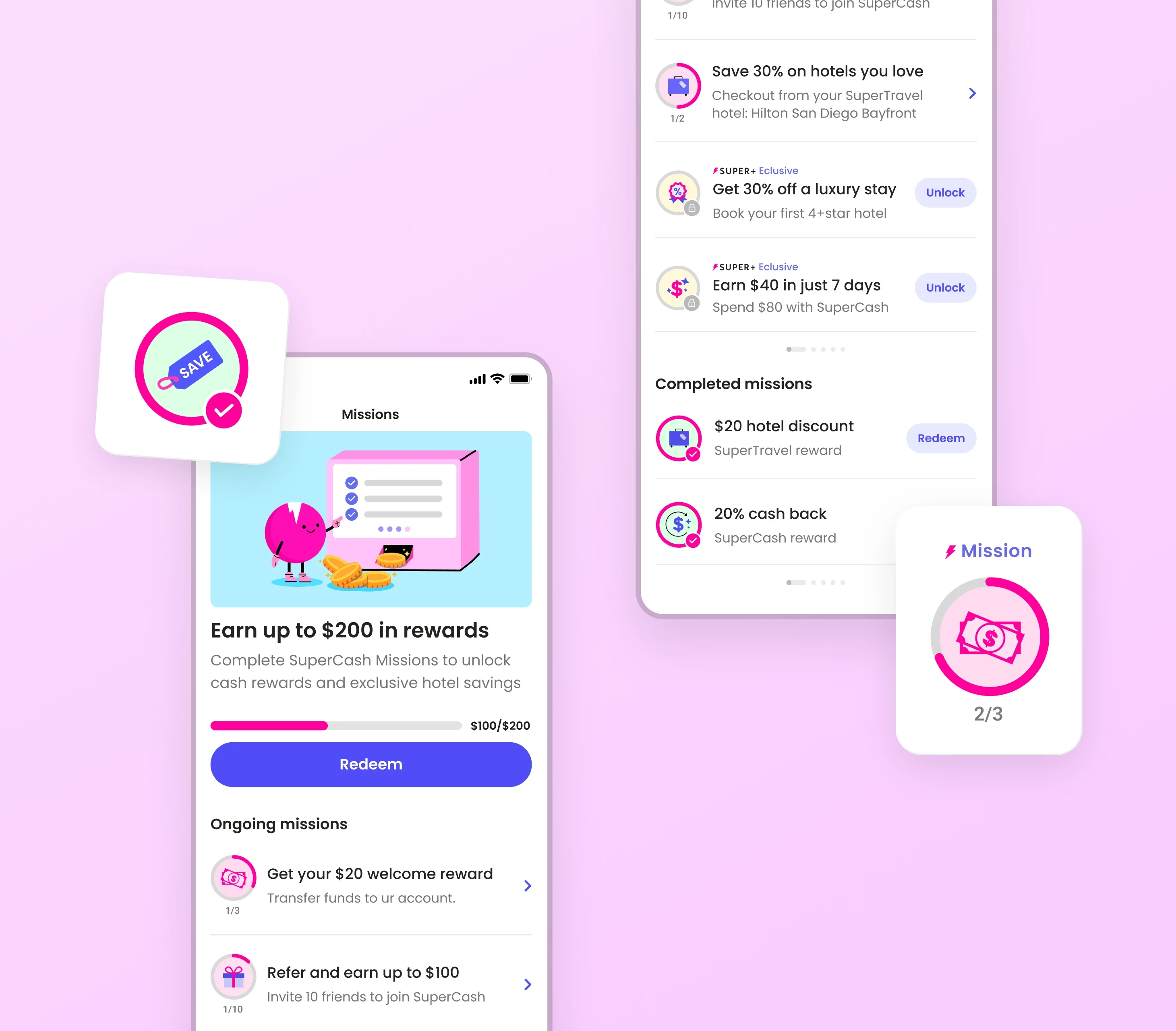 Two mobile screens showing the SuperCash Missions dashboard with progress indicators, rewards, and completed tasks. The left screen highlights earning up to $200 in rewards with a pink character checking off tasks. The right screen displays ongoing and completed missions, such as saving 30% on hotels, earning $40 in 7 days, and 20% cashback. Floating icons represent mission progress and achievement.