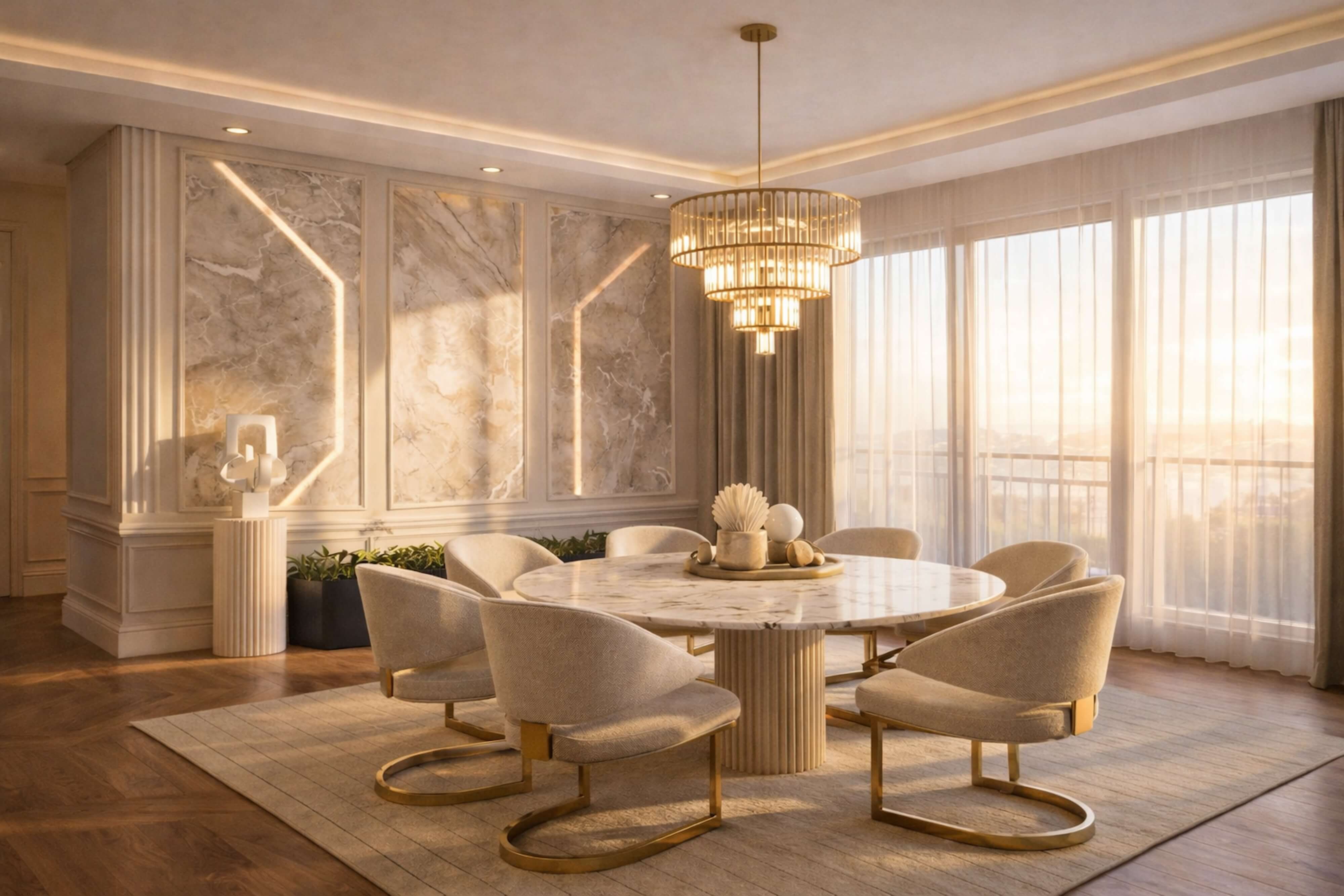 Soft contemporary kitchen with marble island, globe pendants, and a cozy breakfast nook.