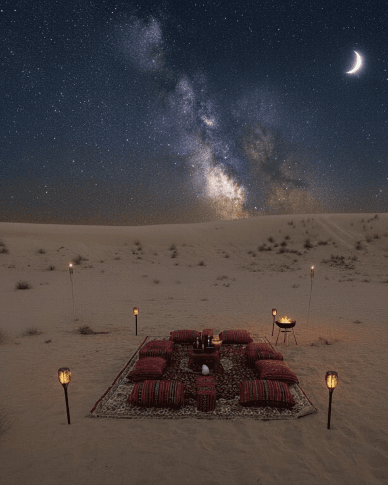 Three illuminated canvas tents set up on desert sand at night, glowing under a dark sky with visible stars.