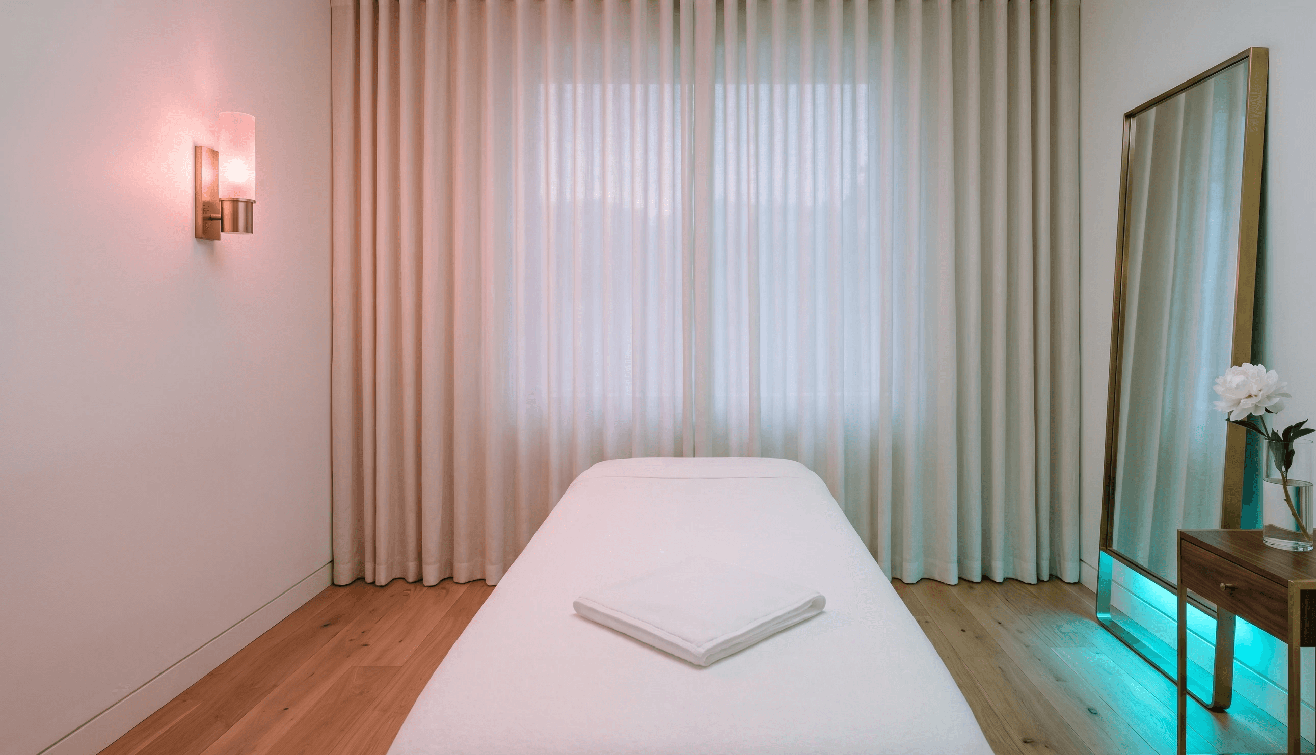 Premium aesthetic clinic treatment room with soft pink and cyan lighting — represents the high-end med spa market.