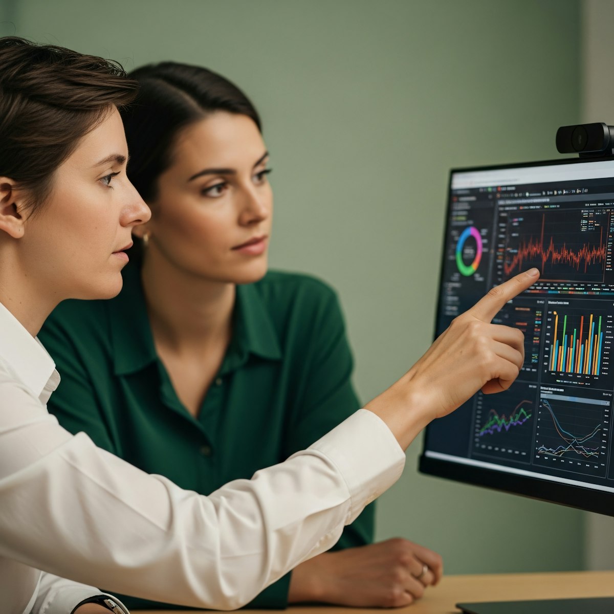 Two people pointing to a monitor screen
