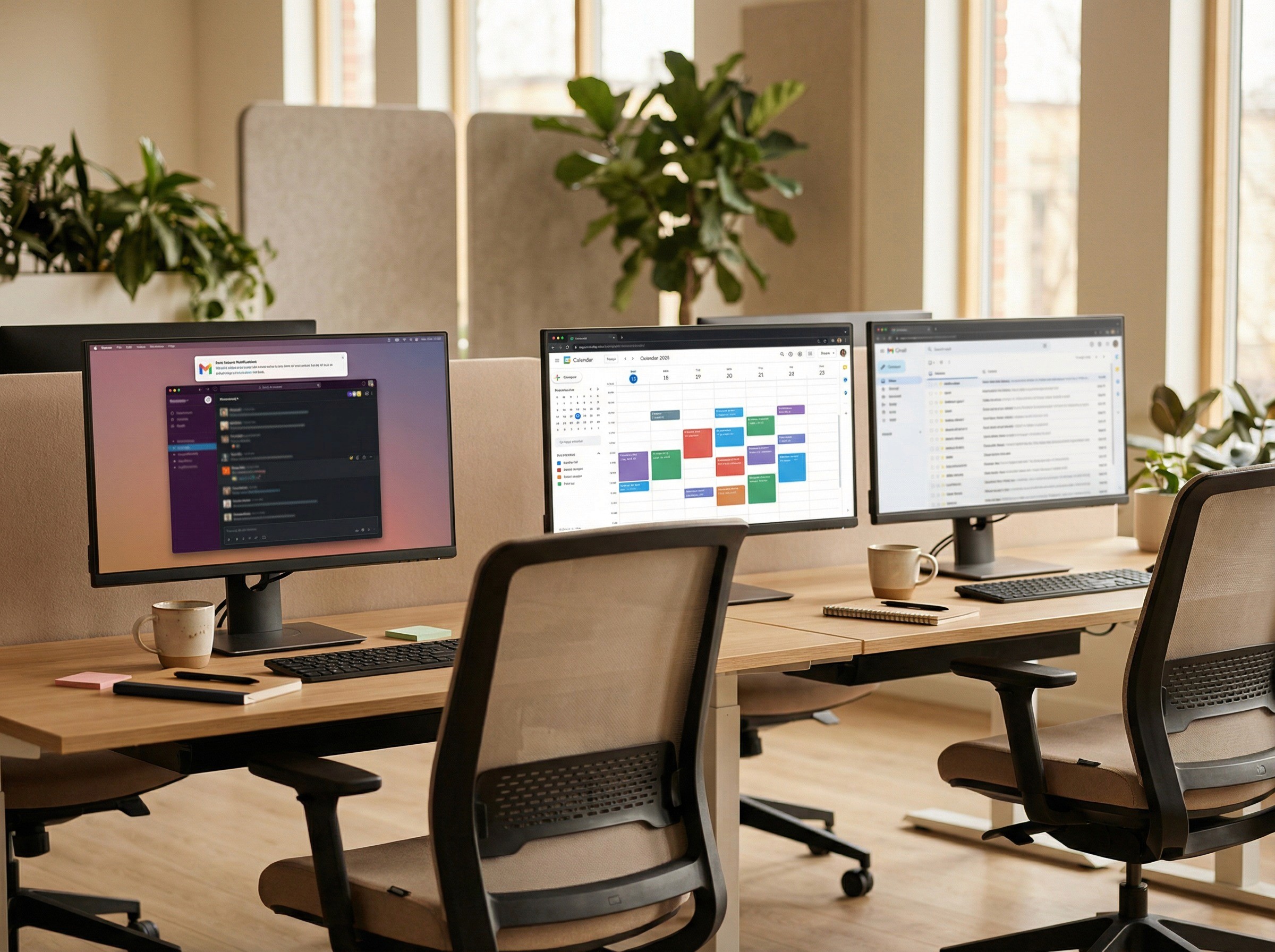 A tight, warm shot of a team's shared desk area in a tech company office — three desks pushed together in a pod. On one desk, a Slack notification is visible on a monitor as a small coloured banner at the top of the screen. On the next desk, a calendar application is open with coloured time blocks. On the third, an email client shows an inbox. Each screen shows a different tool, all part of the same working day, all slightly blurred but recognisable as distinct applications. No people are at the desks — just three chairs, three monitors, three half-finished coffees, and the quiet hum of systems that have already posted, synced, and notified.