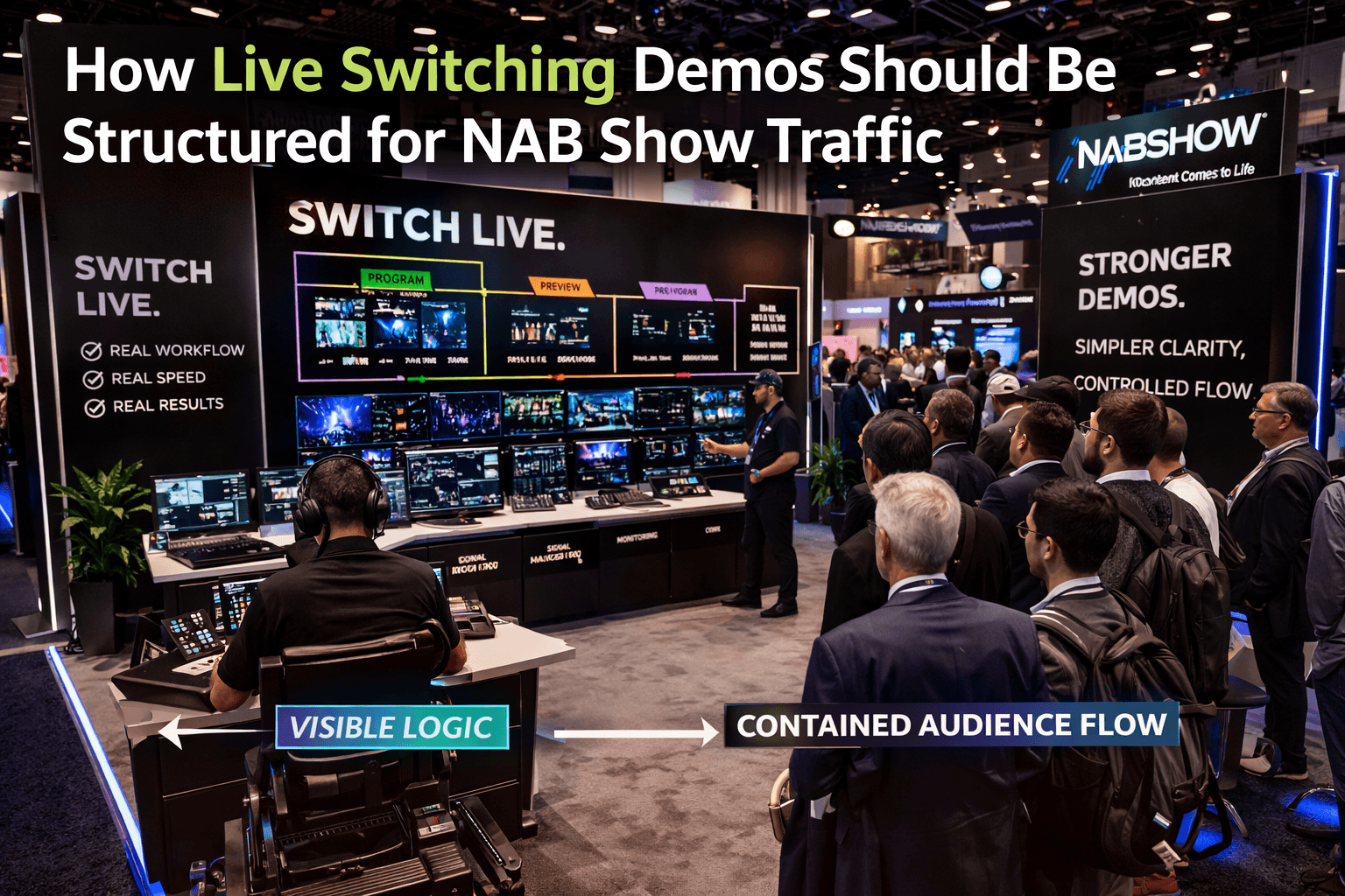 NAB live switching demo booth in Las Vegas with a clear main screen, operator station, and contained audience flow in front of the presentation area