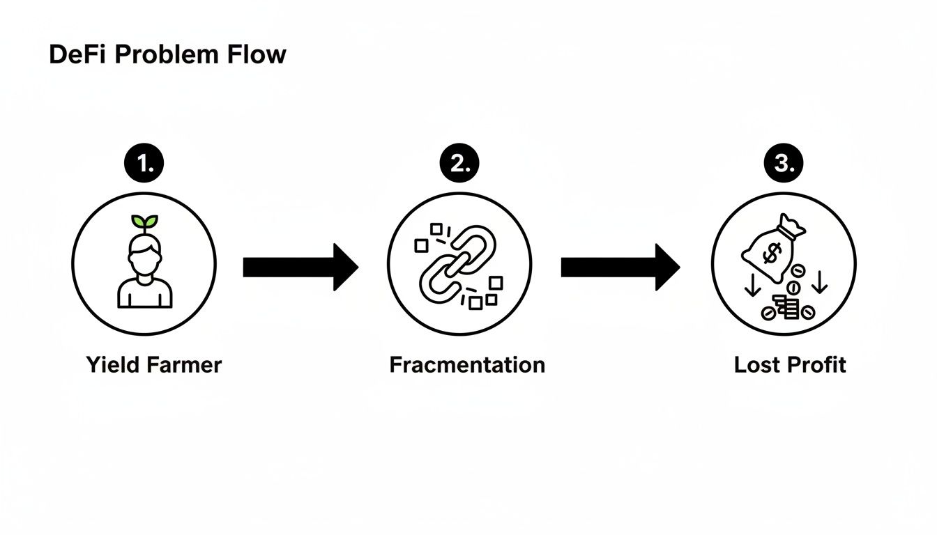 Flowchart illustrating the DeFi problem: yield farmers face fragmentation leading to lost profits.