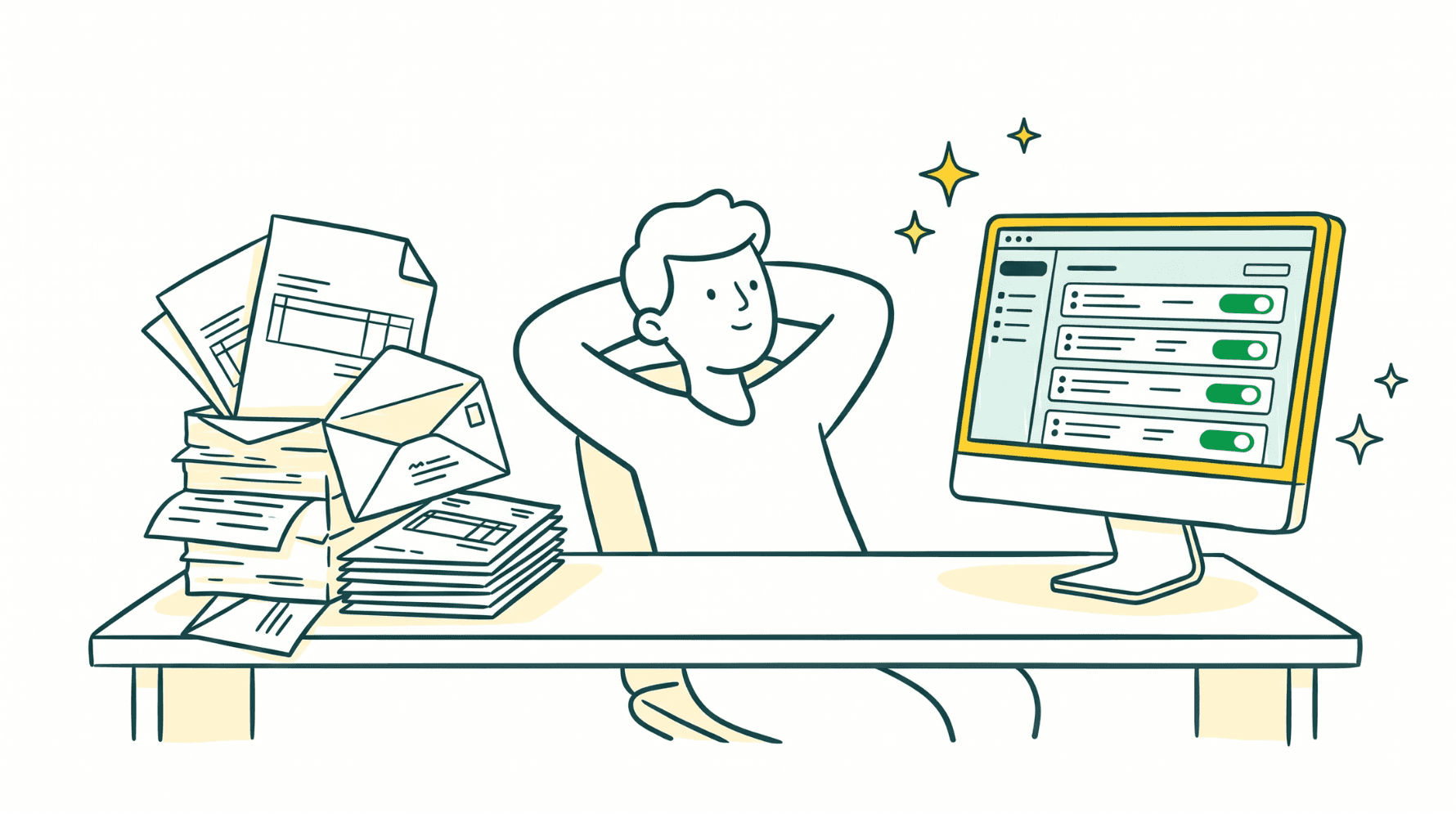 Line art illustration: on the left side of a desk, a messy pile of invoices, envelopes and documents; on the right, a screen displaying a tidy dashboard with green indicators; in the center, a relaxed person with hands behind their head, calmly looking at the screen