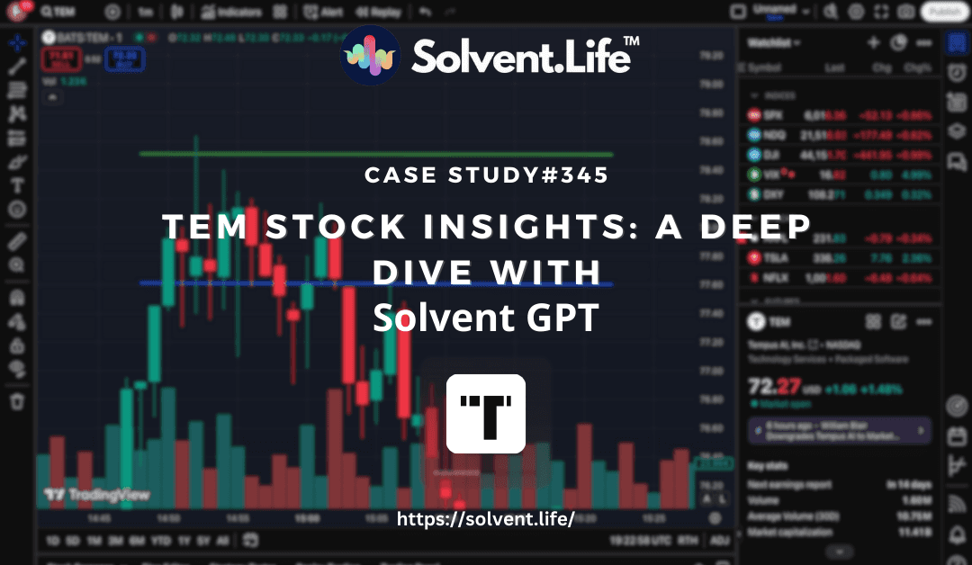 Stock chart of TEM with Solvent GPT’s AI trade prediction, showing entry, exit points, and market trend analysis.