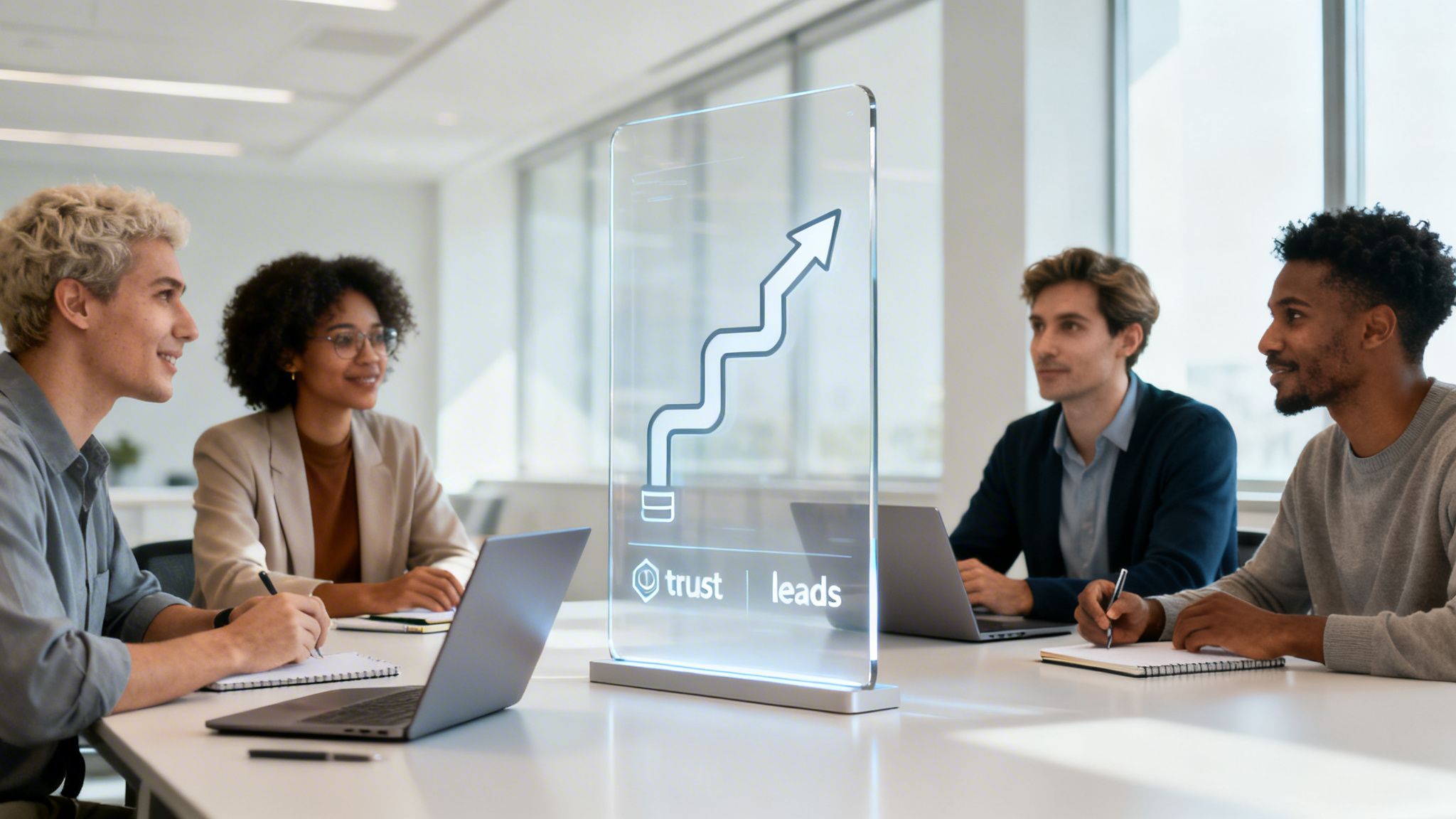 Diverse professionals in a modern office meeting, focusing on a holographic display showing business growth.