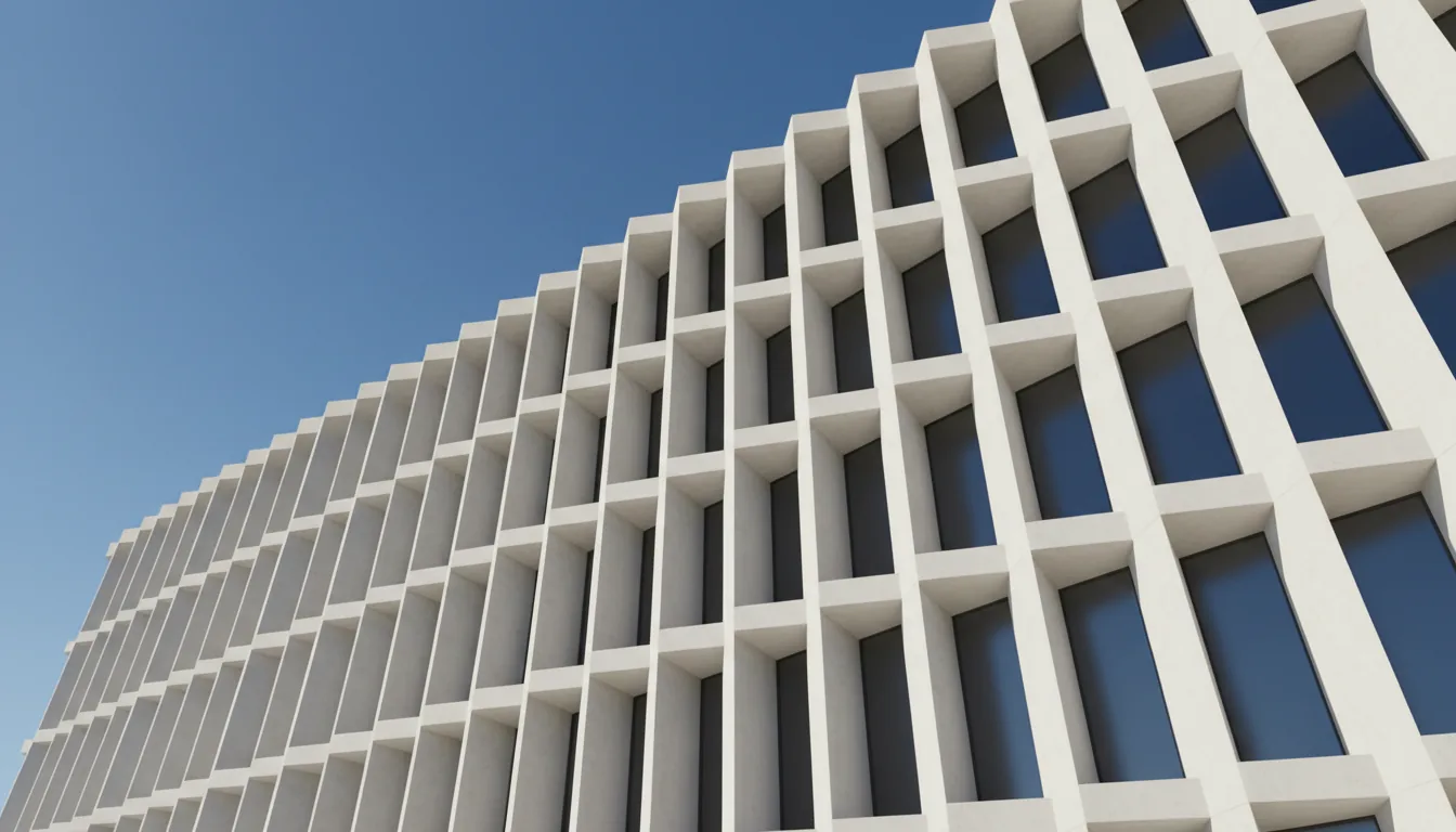 Photorealistic architectural visualization of a modern, minimalist building facade, low-angle diagonal shot. The building features a rhythmic, geometric pattern of deep, angled structural fins made of smooth, matte off-white concrete panels. The scene is lit by bright, direct natural daylight, creating strong, crisp shadows that emphasize the building's depth and form. The facade is set against a flawless, vibrant, cloudless cerulean blue sky. 3D render, Twinmotion style, sharp focus, clean lines.